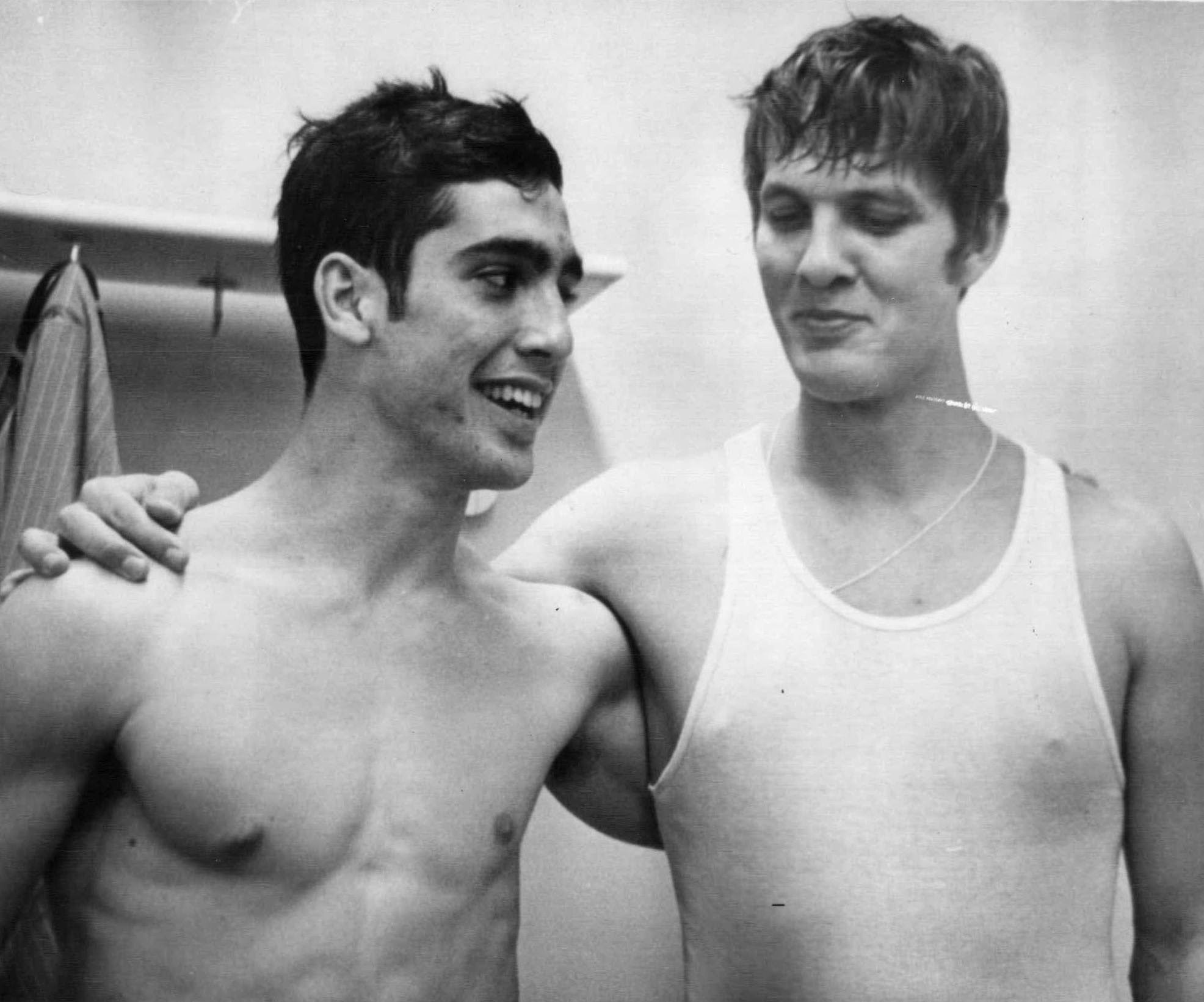 Carlos Alvarez, left, and John Reaves, the winning receiver-quarterback combination of the Florida football team, relax in their dressing room following a 35-16 win over Miami. (Times, 1969) Carlos Alvarez, left, and John Reaves, the winning receiver-quarterback combination of the Florida football team, relax in their dressing room following a 35-16 win over Miami. (Times, 1969)