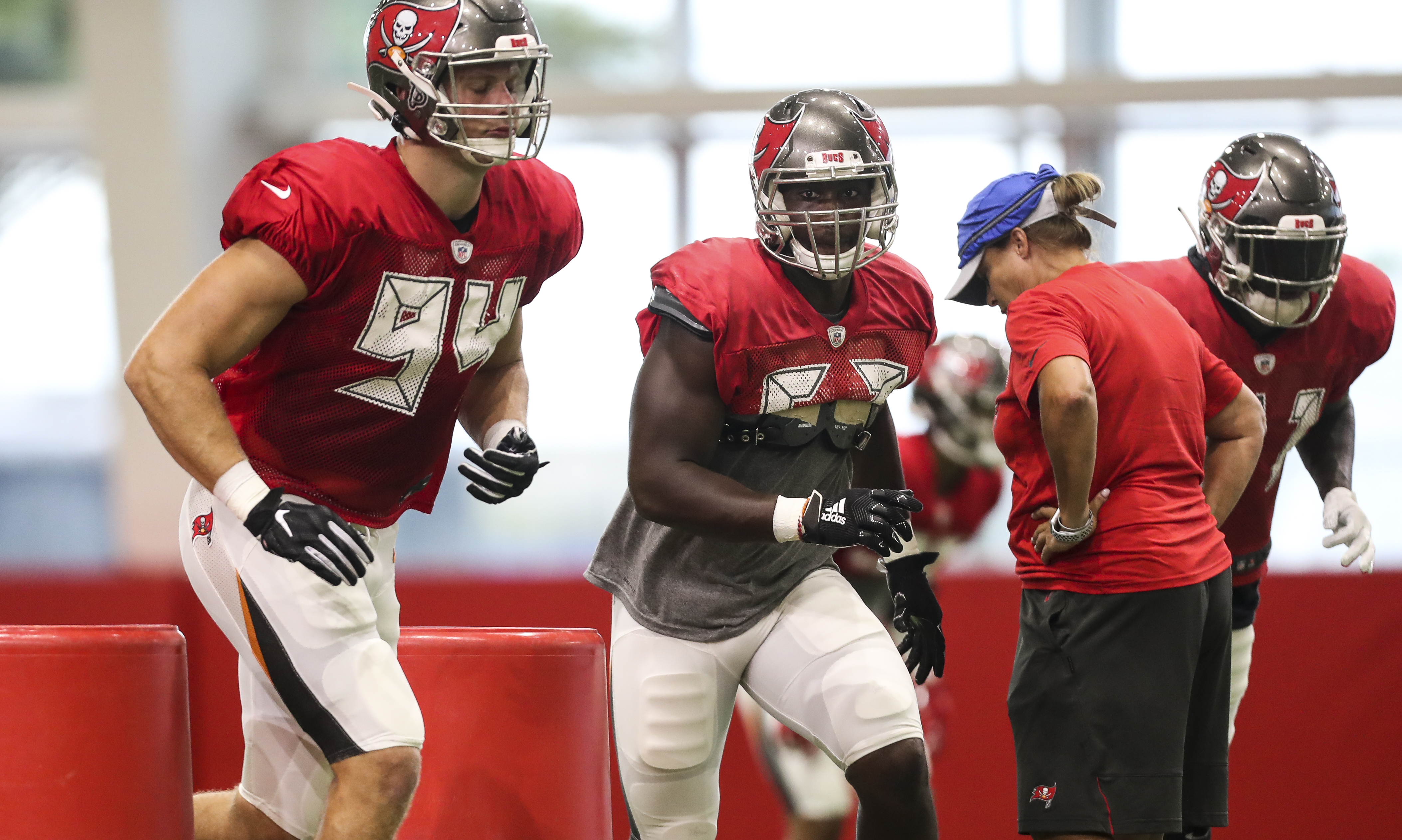 Tampa Bay Buccaneers linebacker Carl Nassib (94) and Tampa Bay Buccaneers defensive end Noah Spence (57) run drills during training camp at the AdventHealth Training Center on August 1, 2019 in Tampa, Florida. MONICA HERNDON | Times Tampa Bay Buccaneers linebacker Carl Nassib (94) and Tampa Bay Buccaneers defensive end Noah Spence (57) run drills during training camp at the AdventHealth Training Center on August 1, 2019 in Tampa, Florida. MONICA HERNDON | Times