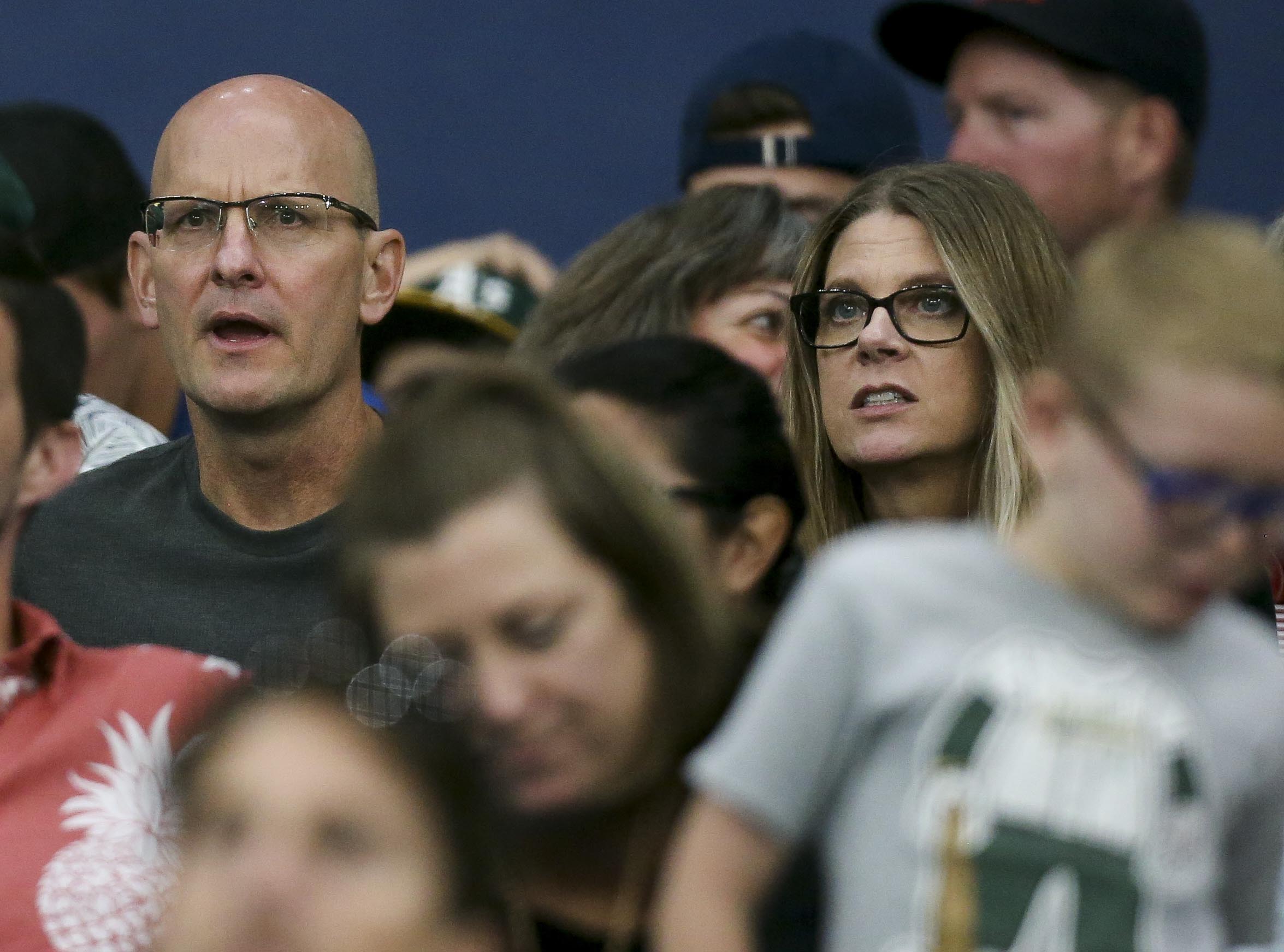 Lee and Lisa Anderson, the parents of Oakland Athletics starting pitcher Tanner Anderson, from Plant High School, watch from the stands with their son on the mound against the Rays. (DIRK SHADD | Times) Lee and Lisa Anderson, the parents of Oakland Athletics starting pitcher Tanner Anderson, from Plant High School, watch from the stands with their son on the mound against the Rays. (DIRK SHADD | Times)