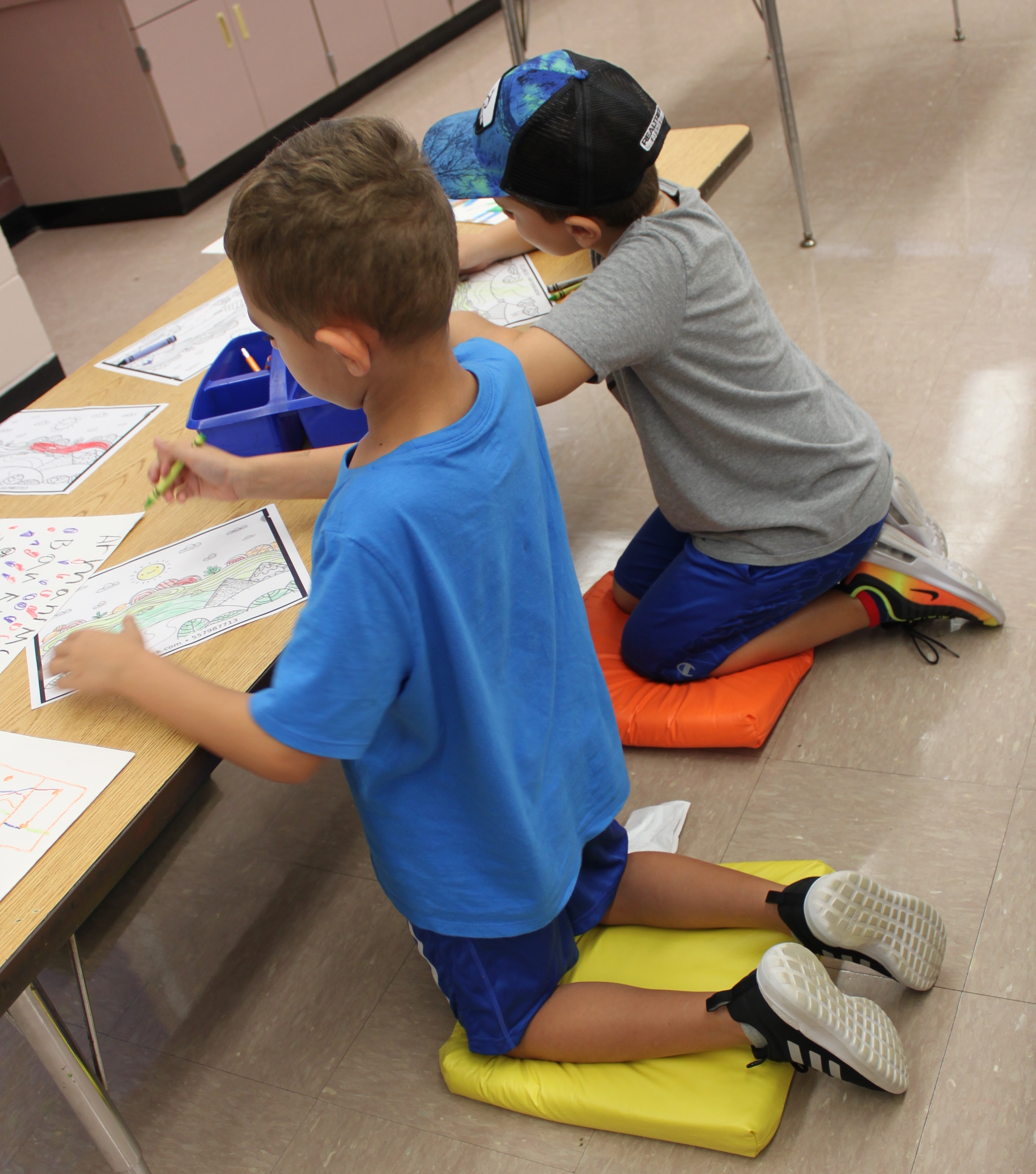 Jayden Torrence and Theodore Andriopoulos, Seven Springs Elementary School first-graders, find a low table and padded cushions just fine for completing artwork for teacher Jessica Stoneking. The teacher sought online donations to pay for flexible seating for her students. Gail Diederich Jayden Torrence and Theodore Andriopoulos, Seven Springs Elementary School first-graders, find a low table and padded cushions just fine for completing artwork for teacher Jessica Stoneking. The teacher sought online donations to pay for flexible seating for her students. Gail Diederich