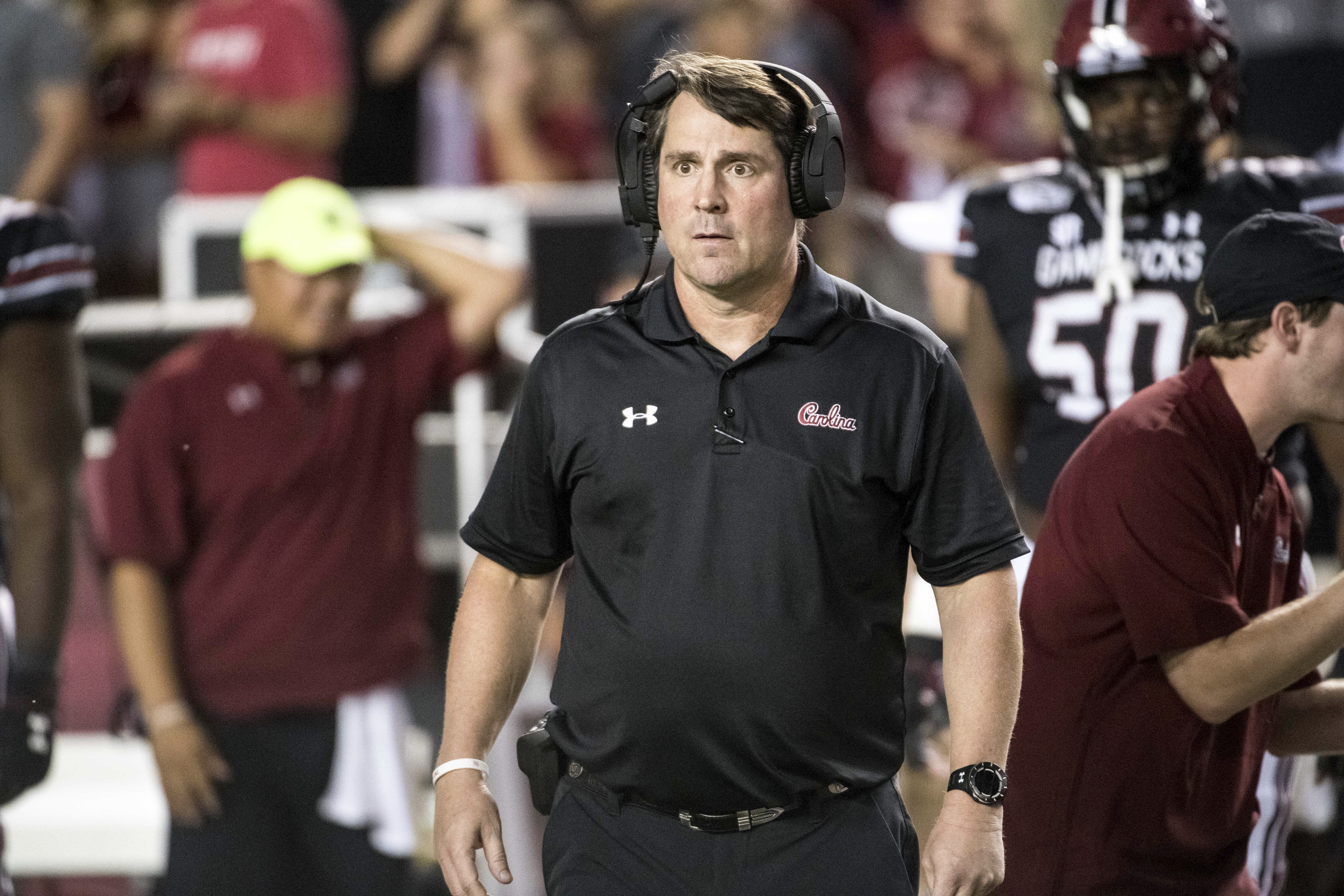 South Carolina coach Will Muschamp stands on the sideline before a Sept. 28 game against Kentucky. SEAN RAYFORD | AP South Carolina coach Will Muschamp stands on the sideline before a Sept. 28 game against Kentucky. SEAN RAYFORD | AP