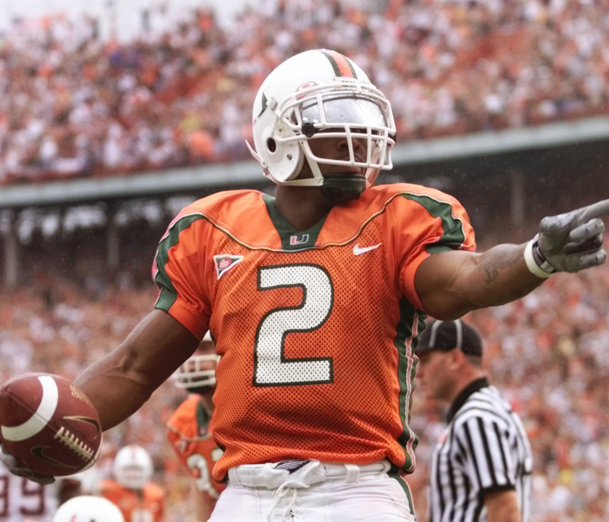 Miami running back Willis McGahee celebrates after scoring a touchdown against Virginia Tech on Dec. 7, 2002, at the Orange Bowl. (AP Photo/Wilfredo Lee) Miami running back Willis McGahee celebrates after scoring a touchdown against Virginia Tech on Dec. 7, 2002, at the Orange Bowl. (AP Photo/Wilfredo Lee)
