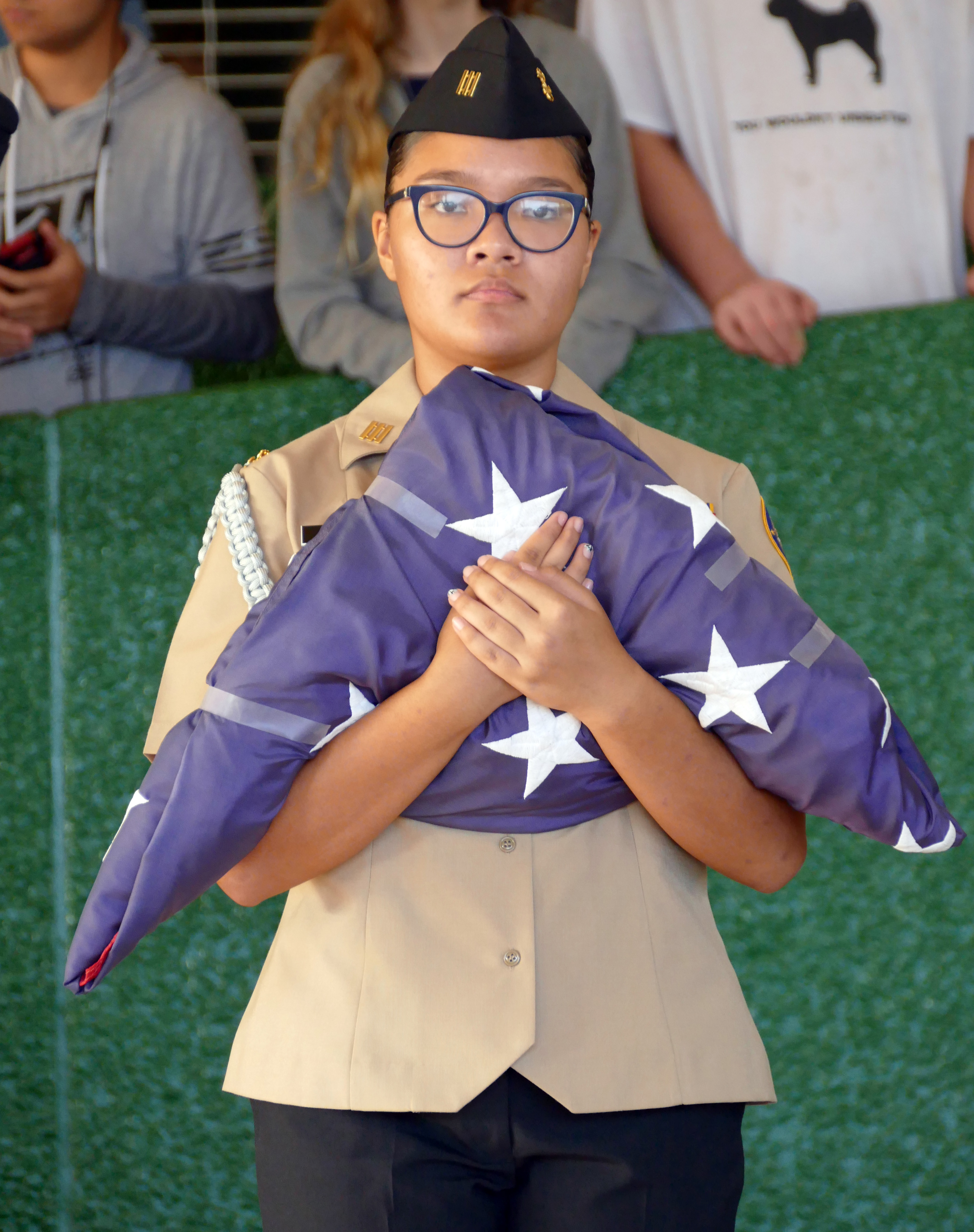 Navy JROTC Cadet Jacqueline Nguyen carries the flag during a special 9/11 commemoration ceremony held Wednesday morning at Gulf High School in New Port Richey. Michele Miller Navy JROTC Cadet Jacqueline Nguyen carries the flag during a special 9/11 commemoration ceremony held Wednesday morning at Gulf High School in New Port Richey. Michele Miller