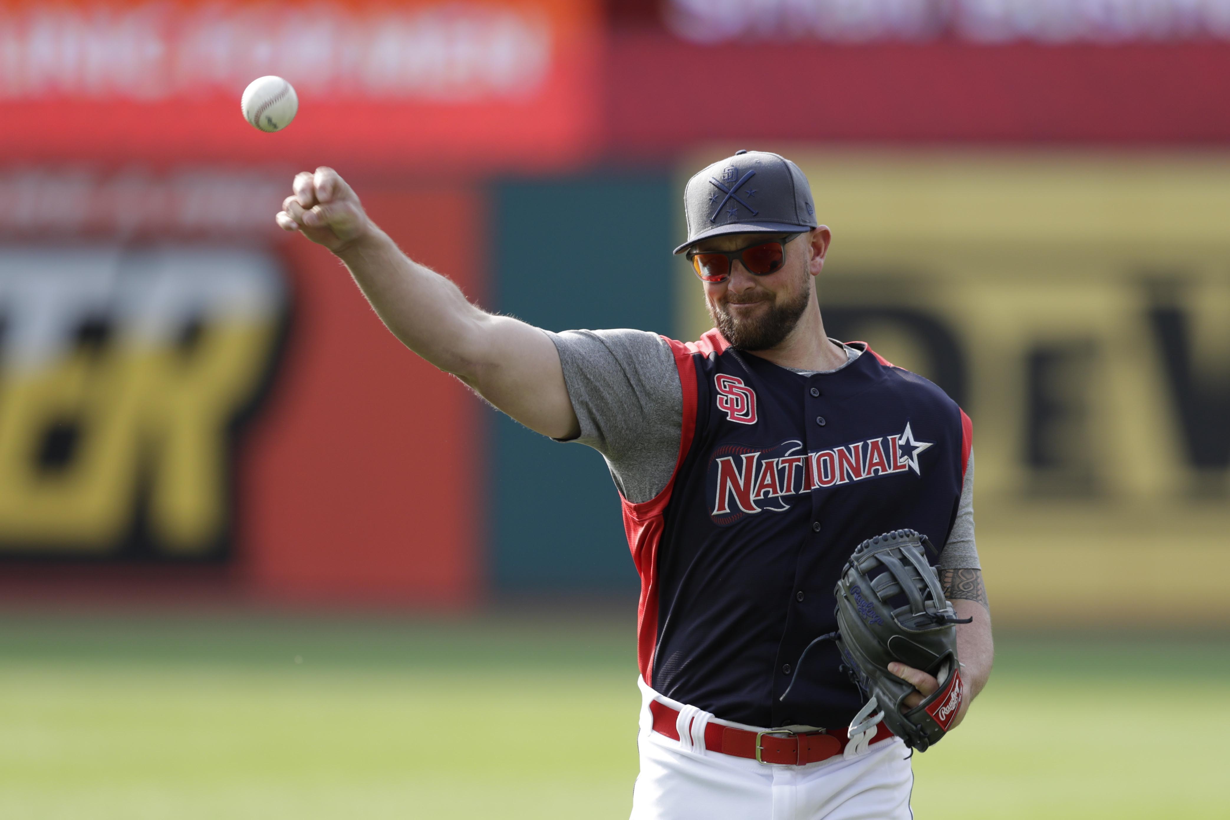 Kirby Yates, of the San Diego Padres, throws during batting practice for the MLB All-Star baseball game, Monday, July 8, 2019, in Cleveland. The game will be played Tuesday. (AP Photo/Tony Dejak) Kirby Yates, of the San Diego Padres, throws during batting practice for the MLB All-Star baseball game, Monday, July 8, 2019, in Cleveland. The game will be played Tuesday. (AP Photo/Tony Dejak)