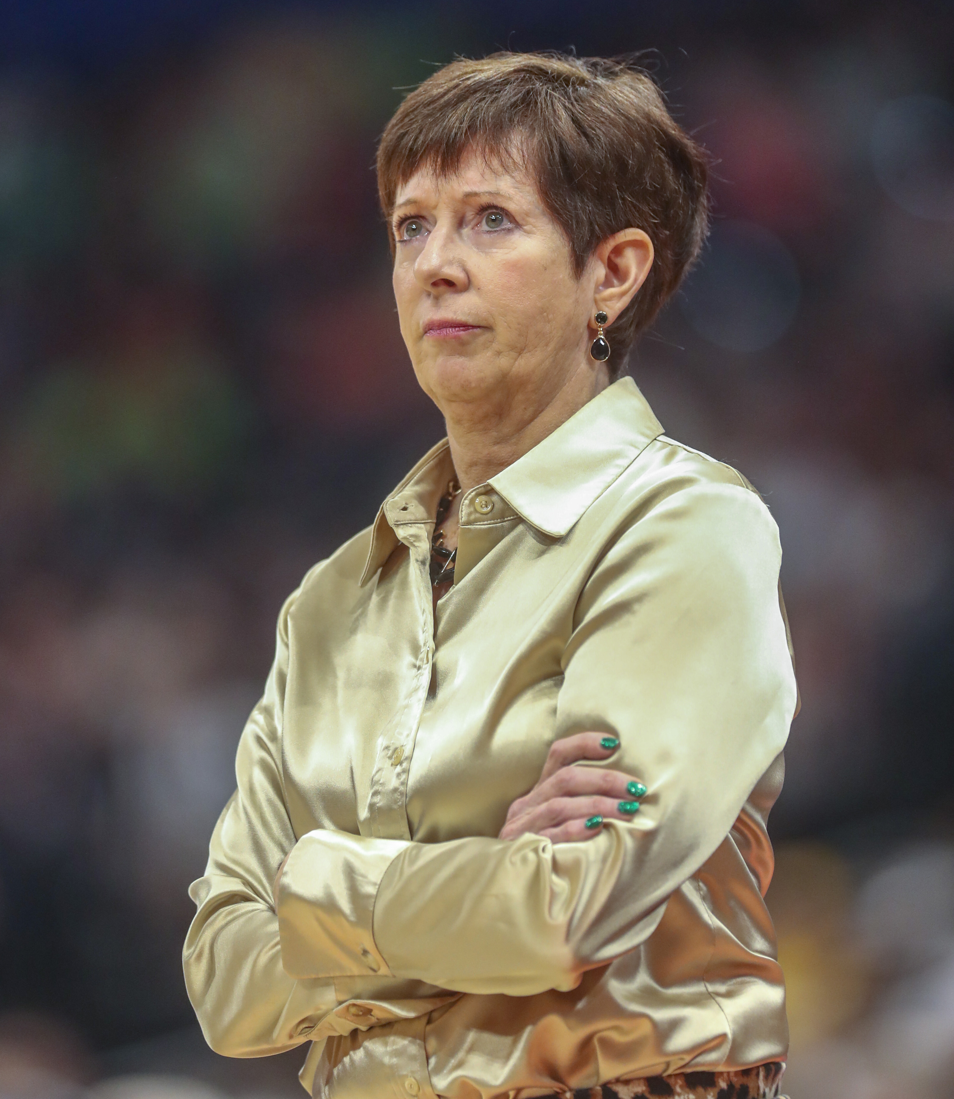 Notre Dame coach Muffet McGraw watches play during the first half against UConn on Friday. (DIRK SHADD | Times) Notre Dame coach Muffet McGraw watches play during the first half against UConn on Friday. (DIRK SHADD | Times)