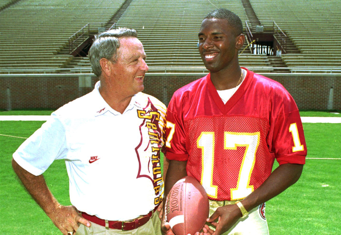 Florida State University quarterback Charlie Ward, right, and coach Bobby Bowden during media day activities in 1993. (Associated Press/Phil Coale) Florida State University quarterback Charlie Ward, right, and coach Bobby Bowden during media day activities in 1993. (Associated Press/Phil Coale)