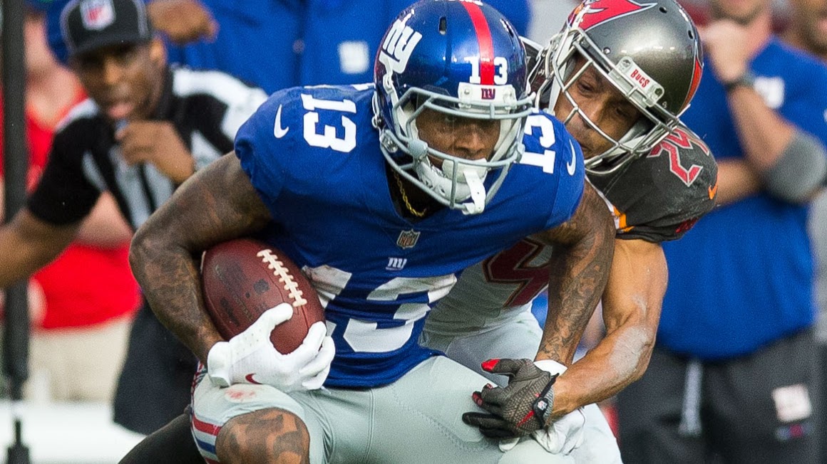 LOREN ELLIOTT | Times Tampa Bay Buccaneers cornerback Brent Grimes (24) tackles New York Giants wide receiver Odell Beckham (13) after a reception during the second half of an NFL game between the New York Giants and Tampa Bay Buccaneers at Raymond James Stadium in Tampa, Fla., on Sunday, Oct. 1, 2017. The Bucs won 25-23. LOREN ELLIOTT | Times Tampa Bay Buccaneers cornerback Brent Grimes (24) tackles New York Giants wide receiver Odell Beckham (13) after a reception during the second half of an NFL game between the New York Giants and Tampa Bay Buccaneers at Raymond James Stadium in Tampa, Fla., on Sunday, Oct. 1, 2017. The Bucs won 25-23.