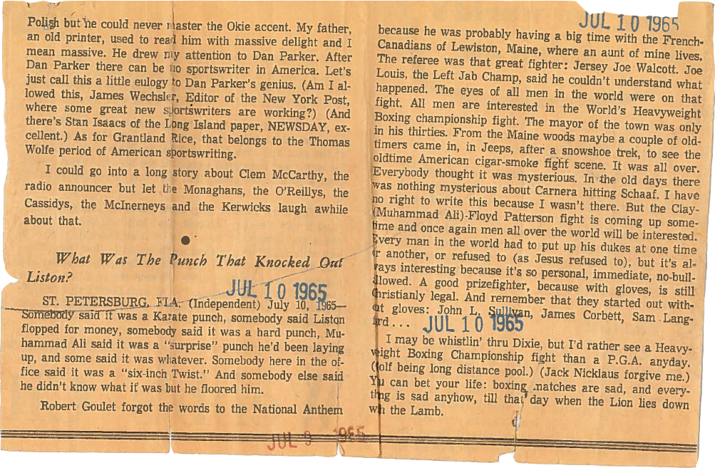 Clips of an article Jack Kerouac wrote for the Evening Independent/St. Petersburg Times in 1965. Times Files. Clips of an article Jack Kerouac wrote for the Evening Independent/St. Petersburg Times in 1965. Times Files.