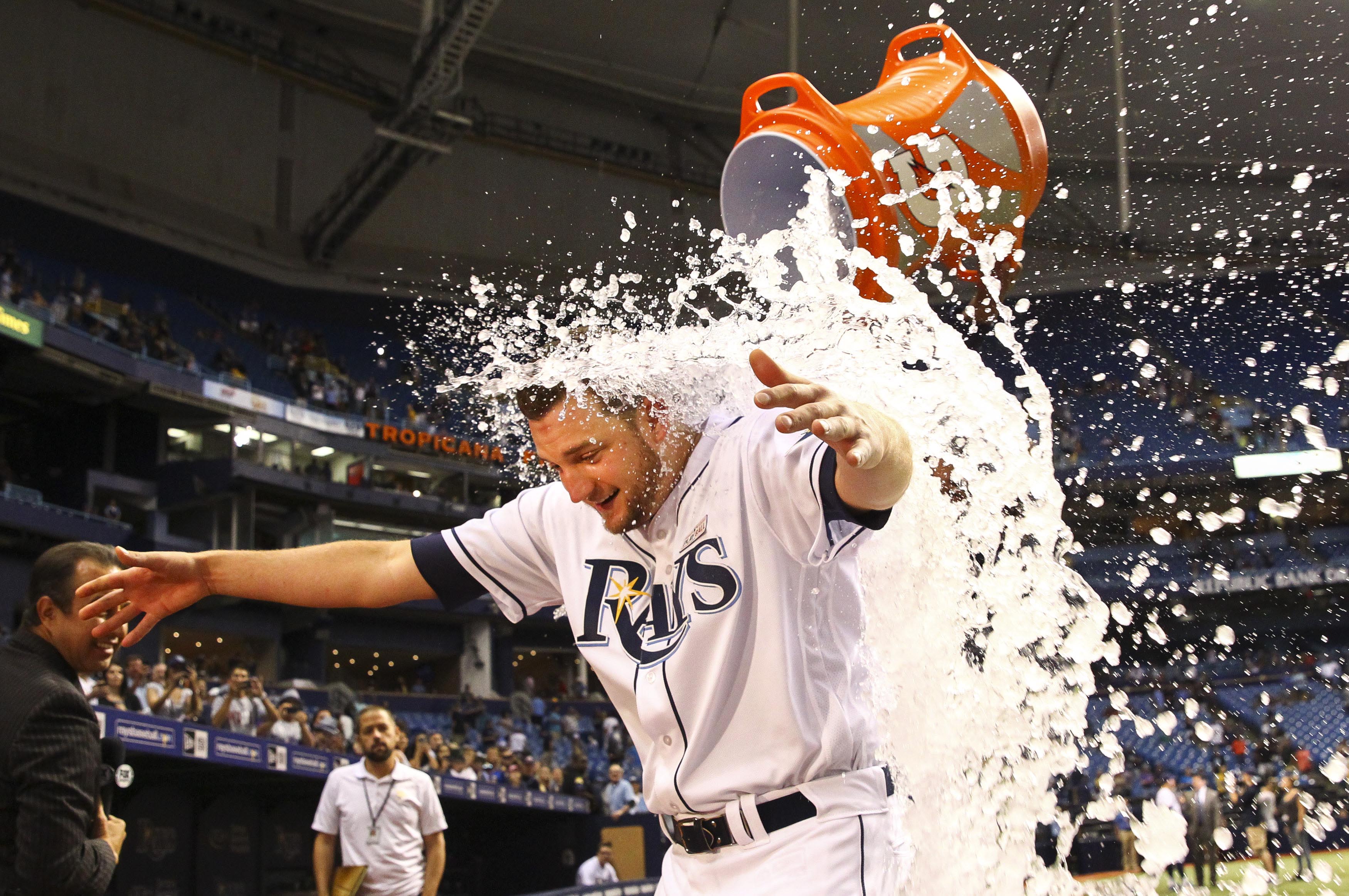 Matt Andriese (35) gets doused by Chris Archer (22) after the game against the Oakland Athletics at Tropicana Field on May 14, 2016. The Rays beat the Athletics 6-0. (Times, 2016) Matt Andriese (35) gets doused by Chris Archer (22) after the game against the Oakland Athletics at Tropicana Field on May 14, 2016. The Rays beat the Athletics 6-0. (Times, 2016)