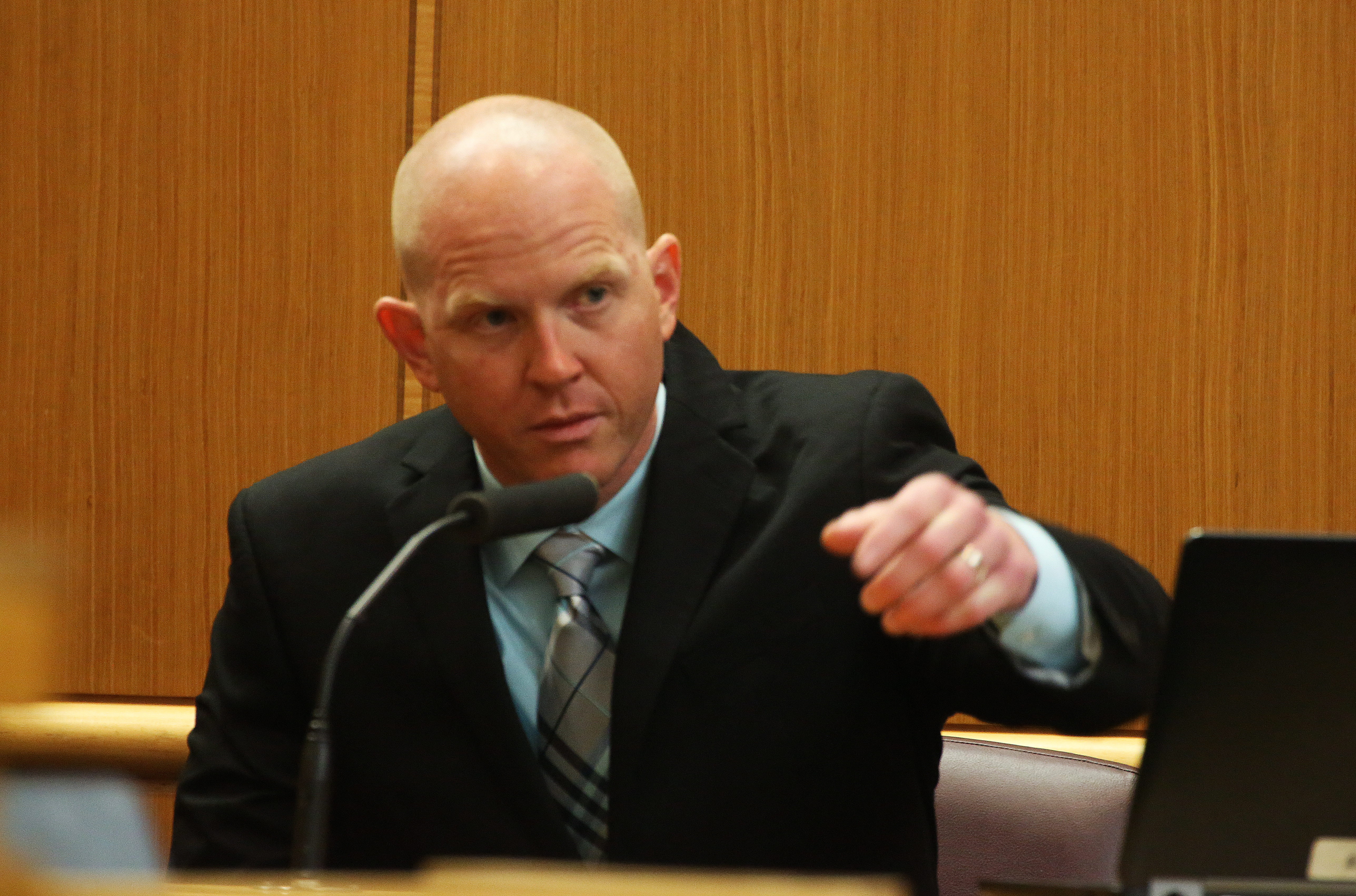 During testimony Thursday, Pinellas County Sheriff's Detective Richard Redman points out defendant Michael Drejka. SCOTT KEELER | Times During testimony Thursday, Pinellas County Sheriff's Detective Richard Redman points out defendant Michael Drejka. SCOTT KEELER | Times