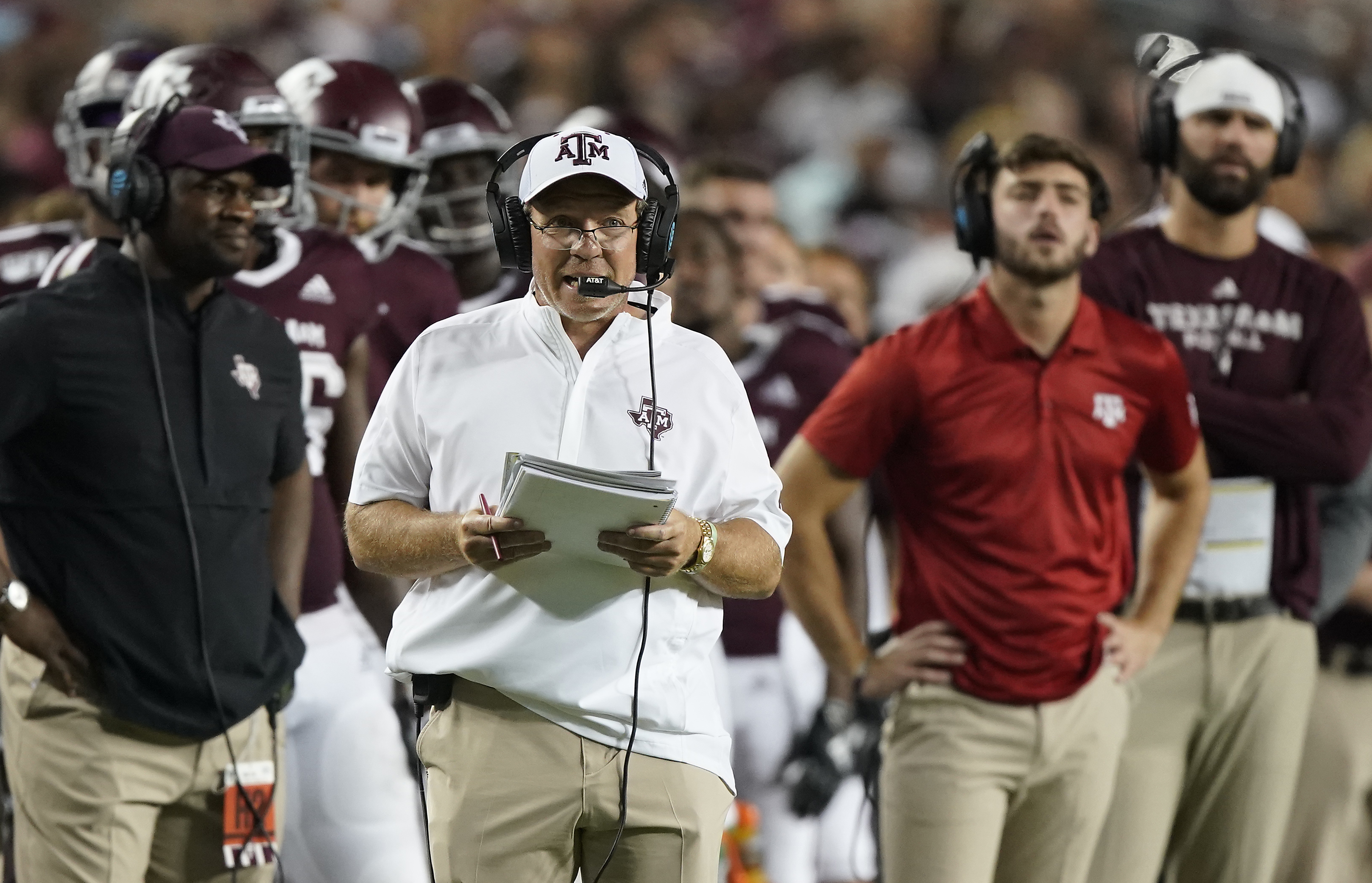 Texas A&M head coach Jimbo Fisher calls plays against Lamar during the second on Sept. 14. Sam Craft | AP Texas A&M head coach Jimbo Fisher calls plays against Lamar during the second on Sept. 14. Sam Craft | AP