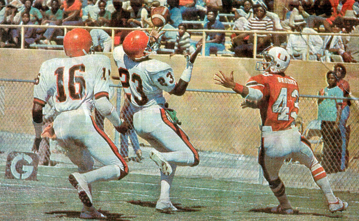 Florida A&M's Donald Shockley (23) intercepts a pass intended for Miami's Larry Broodsky (43). (George Kochaniec Jr., Tallahassee Democrat, 1979) Florida A&M's Donald Shockley (23) intercepts a pass intended for Miami's Larry Broodsky (43). (George Kochaniec Jr., Tallahassee Democrat, 1979)