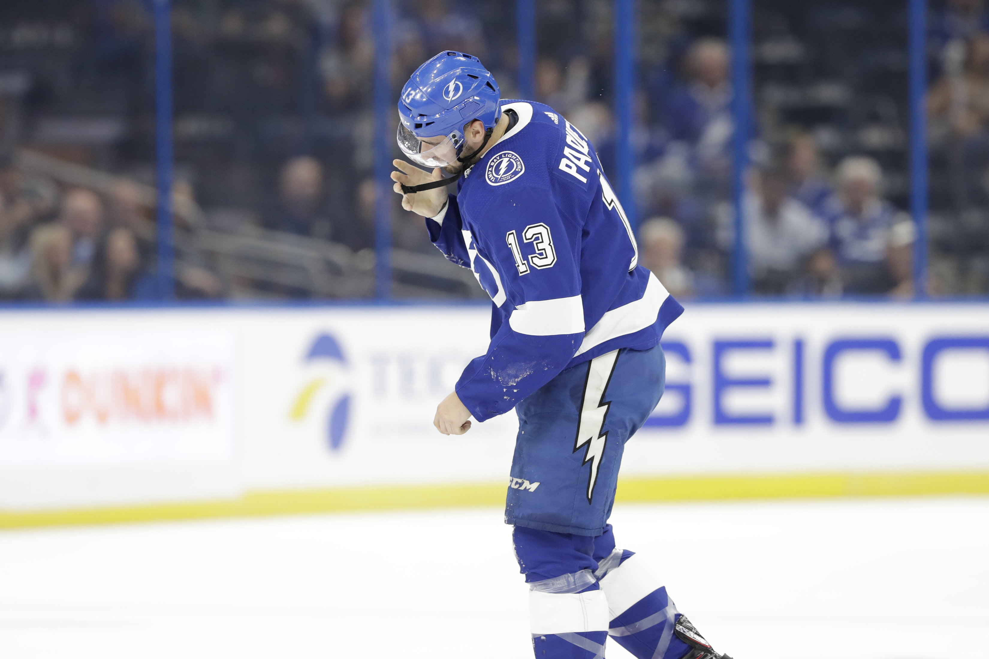 Tampa Bay Lightning center Cedric Paquette (13) leaves the ice after getting injured during the first period of an NHL preseason hockey game against the Florida Panthers Saturday, Sept. 28, 2019, in Tampa, Fla. (AP Photo/Chris O'Meara) Chris O'Meara | AP Tampa Bay Lightning center Cedric Paquette (13) leaves the ice after getting injured during the first period of an NHL preseason hockey game against the Florida Panthers Saturday, Sept. 28, 2019, in Tampa, Fla. (AP Photo/Chris O'Meara) Chris O'Meara | AP
