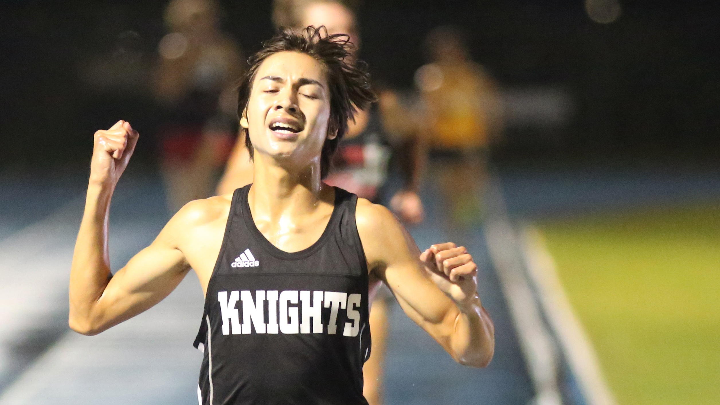 Robinson junior Ethan Geiger wins the Class 3A 3,200-meter race Saturday evening, a full day after the race was supposed to be held, but was delayed several times because of rain and lightning. (SCOTT PURKS | Special to the Times) Robinson junior Ethan Geiger wins the Class 3A 3,200-meter race Saturday evening, a full day after the race was supposed to be held, but was delayed several times because of rain and lightning. (SCOTT PURKS | Special to the Times)