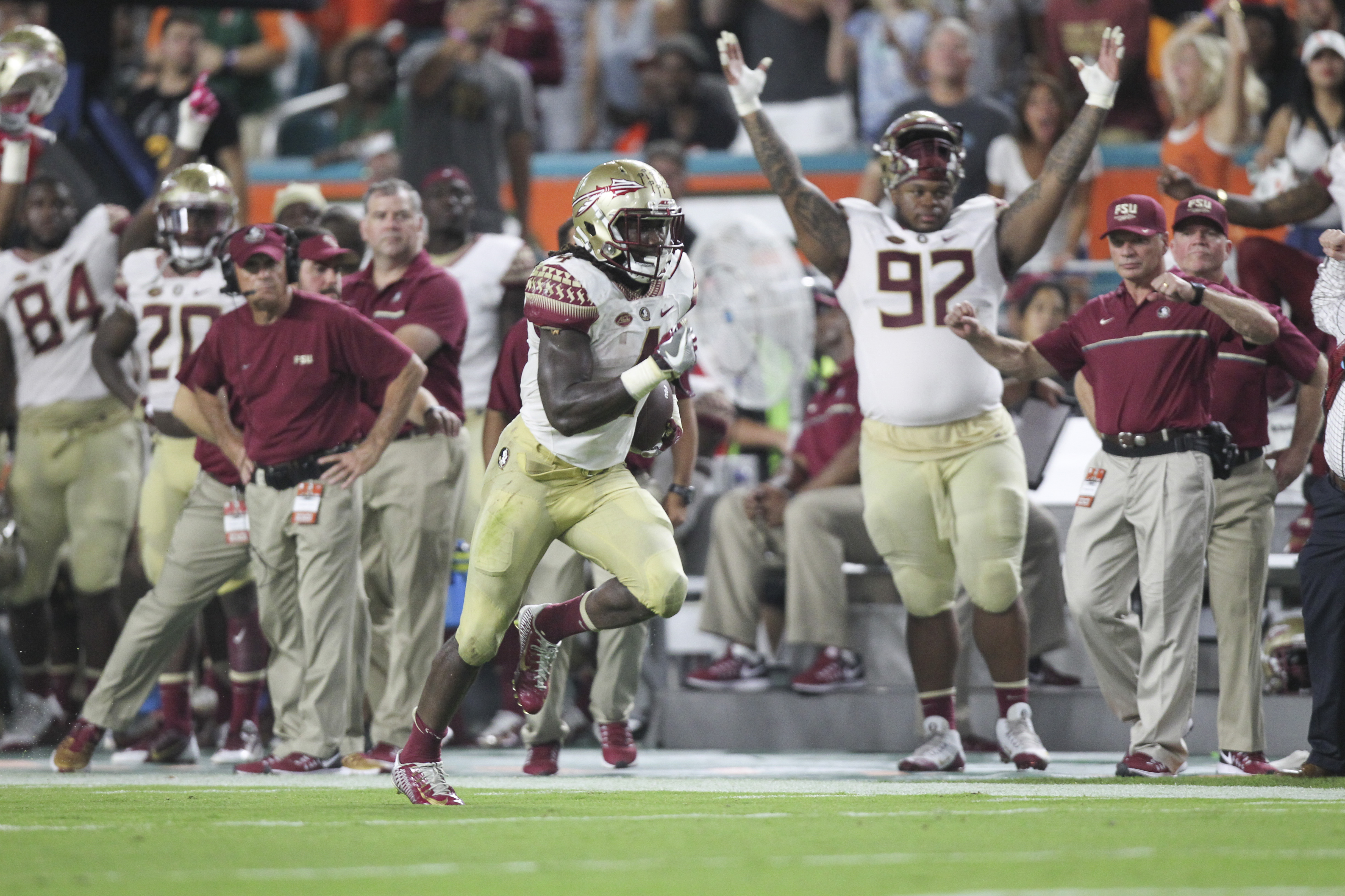 Florida State's Dalvin Cook (4) runs for a touchdown against the Miami Hurricanes on Oct. 8, 2016, at Hard Rock Stadium in Miami Gardens. (MONICA HERNDON | Times) Florida State's Dalvin Cook (4) runs for a touchdown against the Miami Hurricanes on Oct. 8, 2016, at Hard Rock Stadium in Miami Gardens. (MONICA HERNDON | Times)