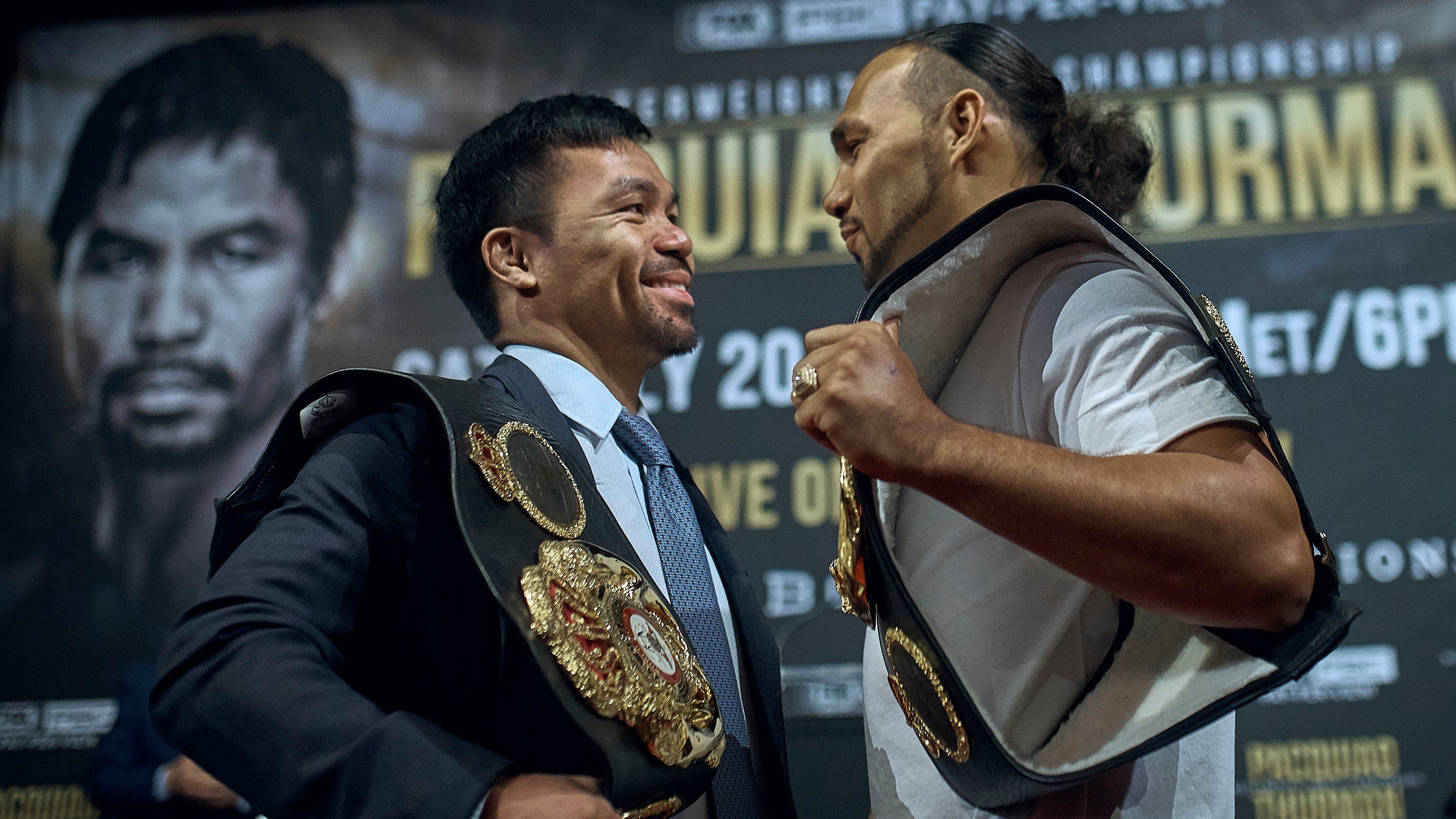 Manny Pacquiao, left, and Keith Thurman stand face to face during a news conference on Tuesday, May 21, 2019, in New York. The two are scheduled to fight in a welterweight world championship boxing bout on Saturday, July 20, in Las Vegas. (AP Photo/Andres Kudacki) Manny Pacquiao, left, and Keith Thurman stand face to face during a news conference on Tuesday, May 21, 2019, in New York. The two are scheduled to fight in a welterweight world championship boxing bout on Saturday, July 20, in Las Vegas. (AP Photo/Andres Kudacki)