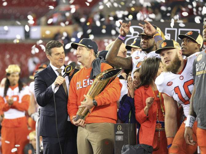 Clemson coach Dabo Swinney speaks after defeating Alabama during the College Football Playoff national title game at Raymond James Stadium in Tampa on Jan. 9, 2017. Times Clemson coach Dabo Swinney speaks after defeating Alabama during the College Football Playoff national title game at Raymond James Stadium in Tampa on Jan. 9, 2017. Times