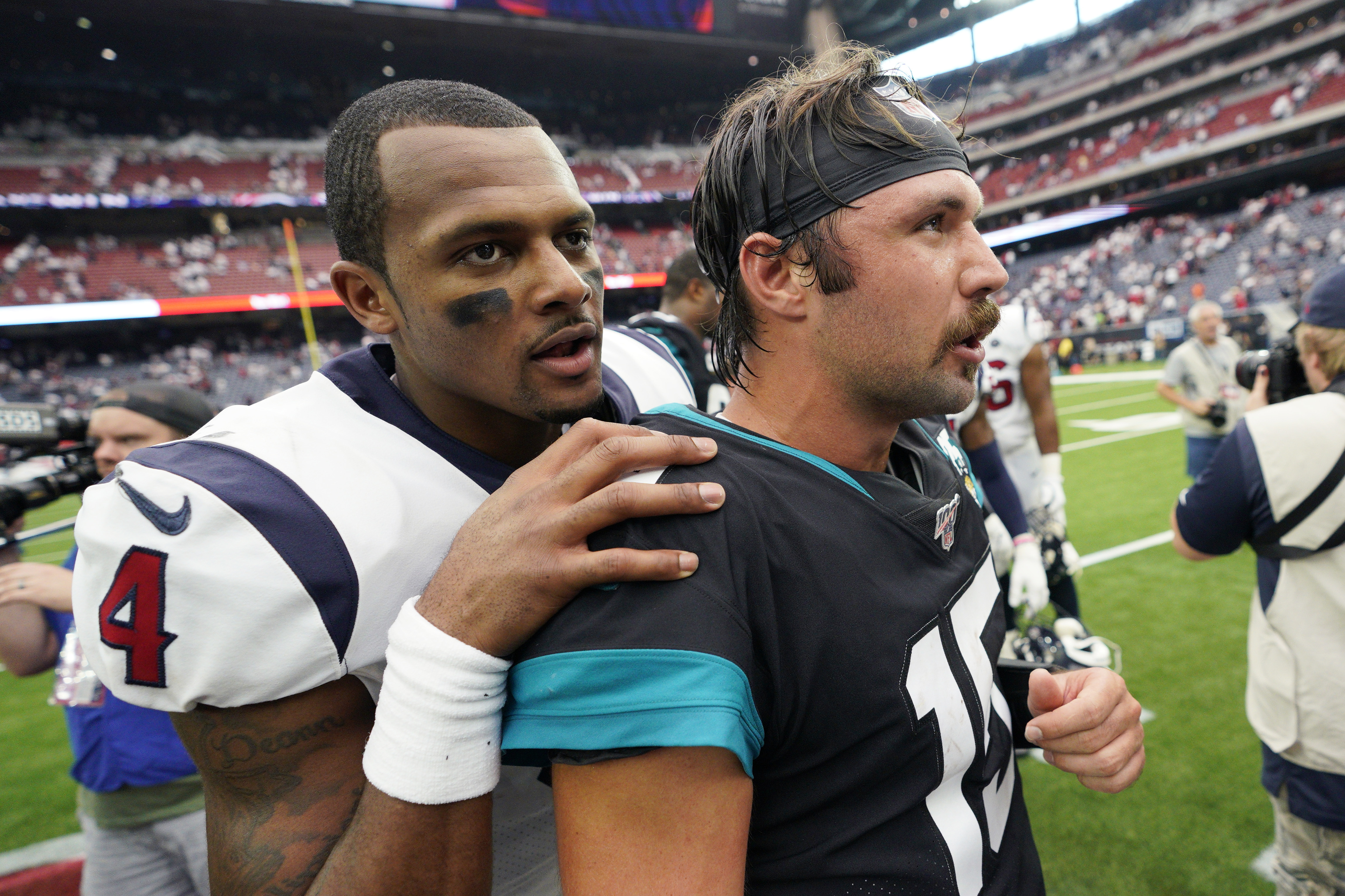 Texans quarterback Deshaun Watson, left, greets Jacksonville Jaguars quarterback Gardner Minshew (15) following Sunday's game. David J. Phillip | AP Texans quarterback Deshaun Watson, left, greets Jacksonville Jaguars quarterback Gardner Minshew (15) following Sunday's game. David J. Phillip | AP