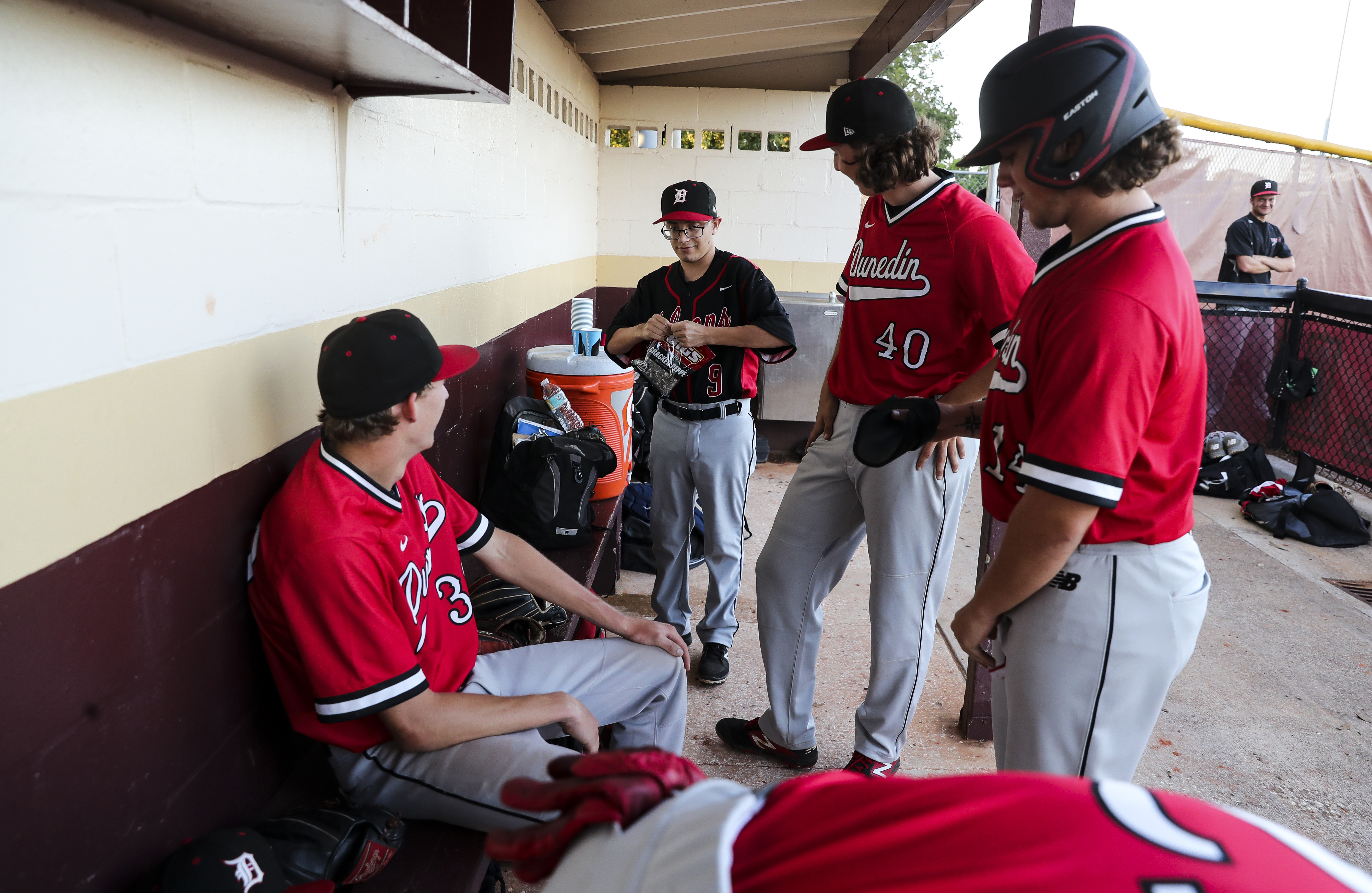 From left, Tyler Vogel, Tyler Nolan, Dominic Baratta and Jaydee Marks talk in the dugout during a game against Countryside. (MONICA HERNDON | Times) From left, Tyler Vogel, Tyler Nolan, Dominic Baratta and Jaydee Marks talk in the dugout during a game against Countryside. (MONICA HERNDON | Times)