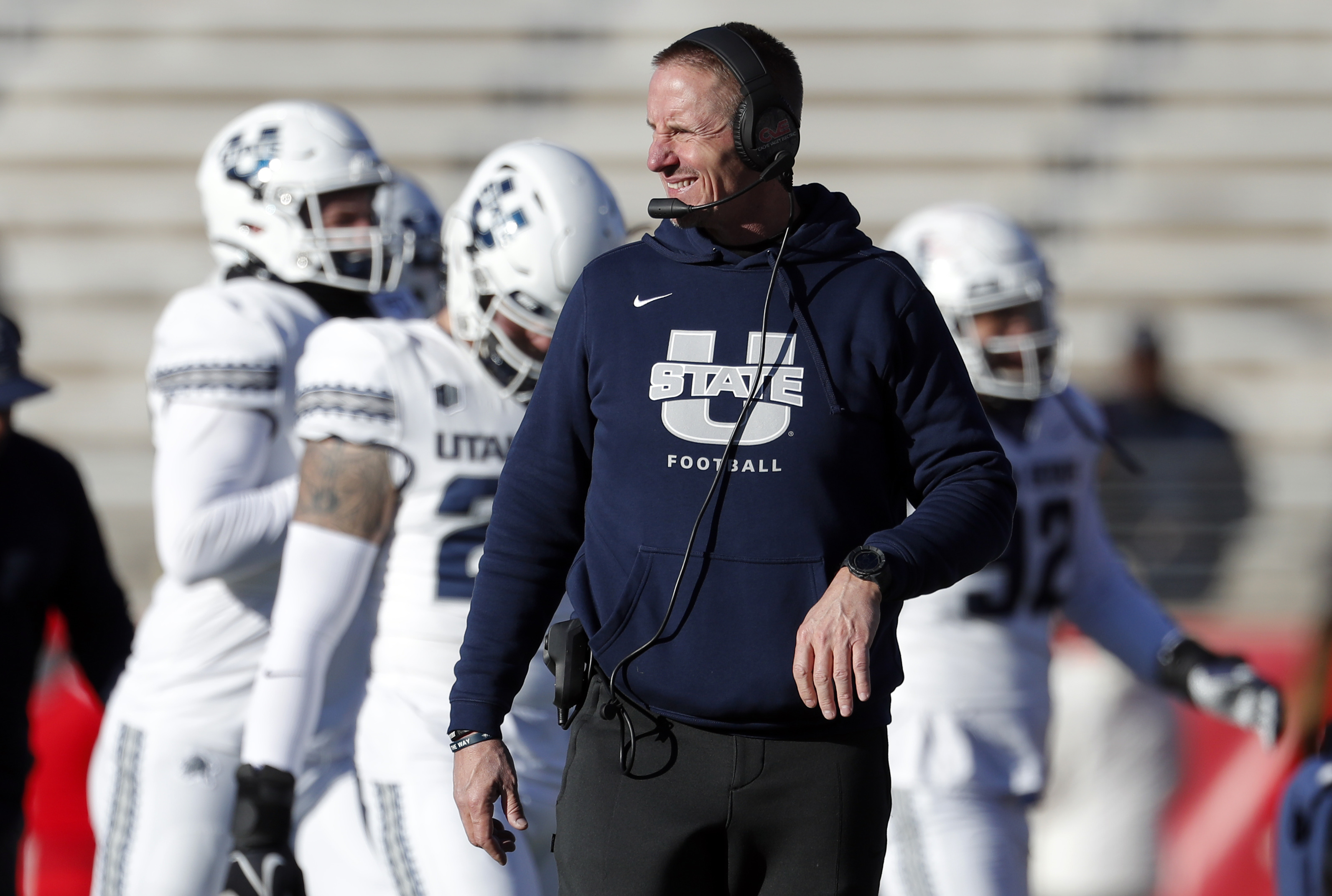 Utah State coach Gary Andersen smiles during a timeout in the first half of an NCAA college football game against New Mexico on Nov. 30. Andres Leighton | AP Utah State coach Gary Andersen smiles during a timeout in the first half of an NCAA college football game against New Mexico on Nov. 30. Andres Leighton | AP