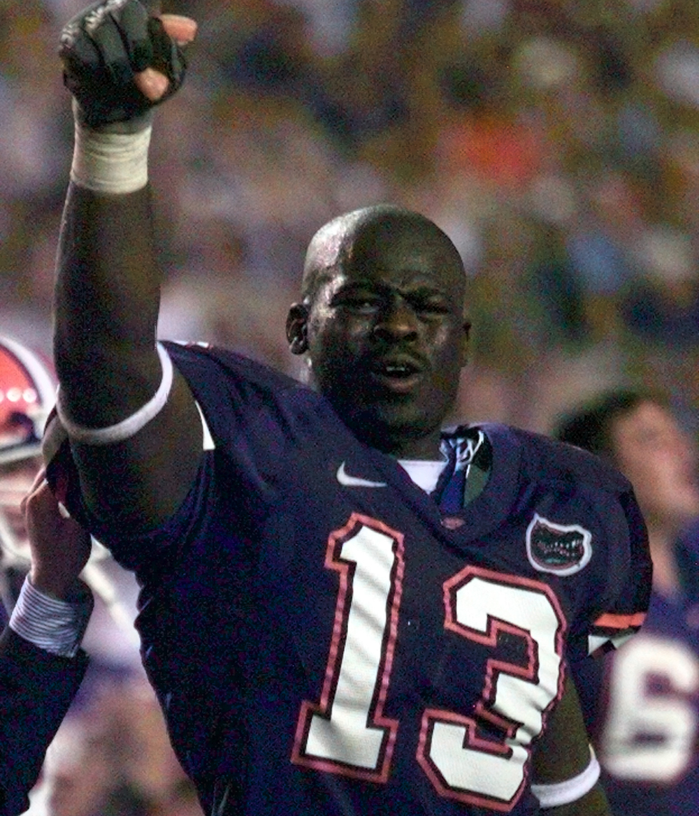 Florida defensive end Alex Brown (13) soaks up the Florida Field atmosphere after his five-sack performance against Tennessee. (Times, 1999) Florida defensive end Alex Brown (13) soaks up the Florida Field atmosphere after his five-sack performance against Tennessee. (Times, 1999)