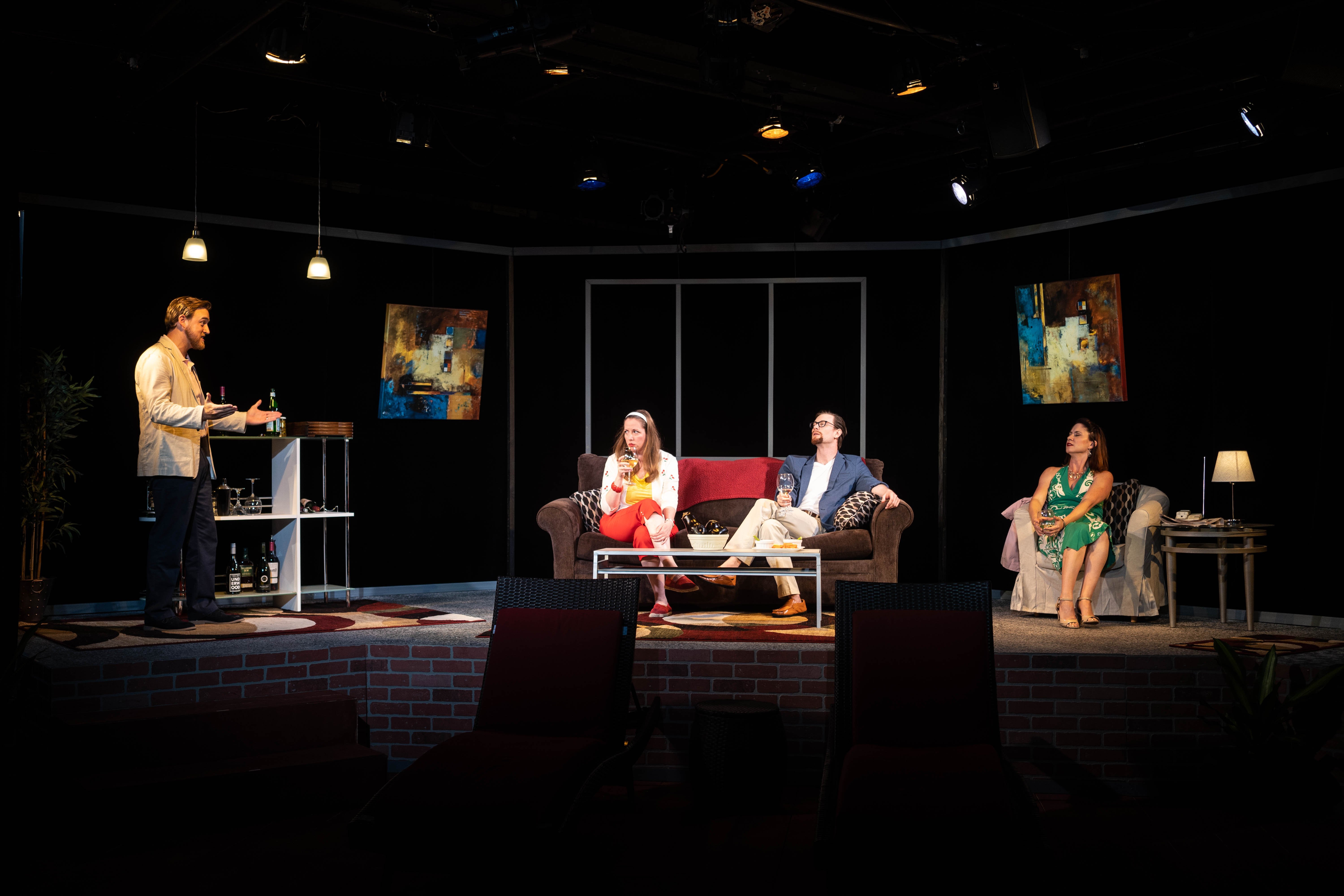 Jordan Foote (Norm), Jonelle M. Meyer (Corky), Jamie Jones (Gerald) and Amy E. Gray (Laura) play two couples in Jobsite Theater's production of Steve Martin's absurdist comedy, Jordan Foote (Norm), Jonelle M. Meyer (Corky), Jamie Jones (Gerald) and Amy E. Gray (Laura) play two couples in Jobsite Theater's production of Steve Martin's absurdist comedy,