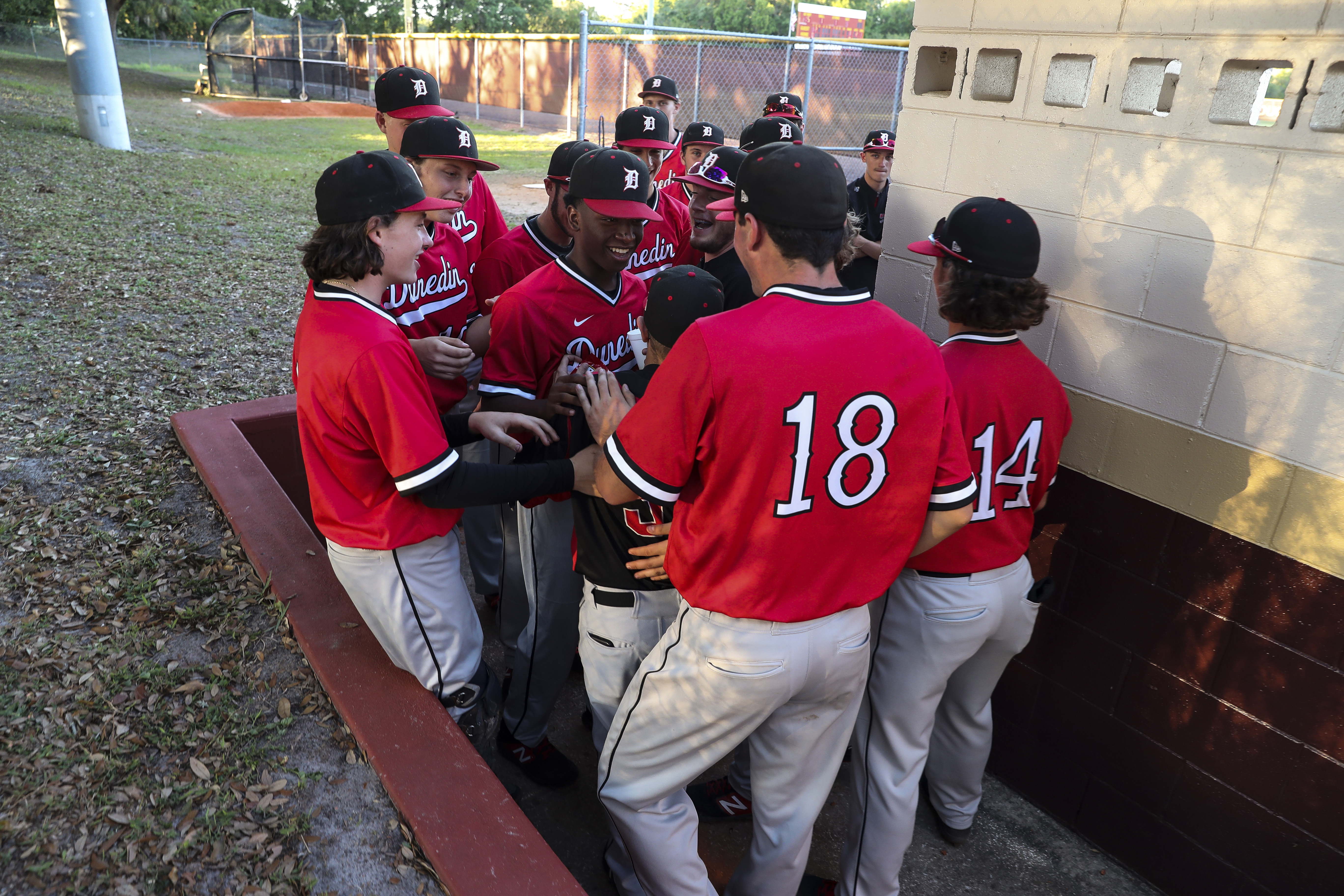 The Dunedin High baseball team greets Tyler Nolan, center, behind the dugout. (MONICA HERNDON | Times) The Dunedin High baseball team greets Tyler Nolan, center, behind the dugout. (MONICA HERNDON | Times)