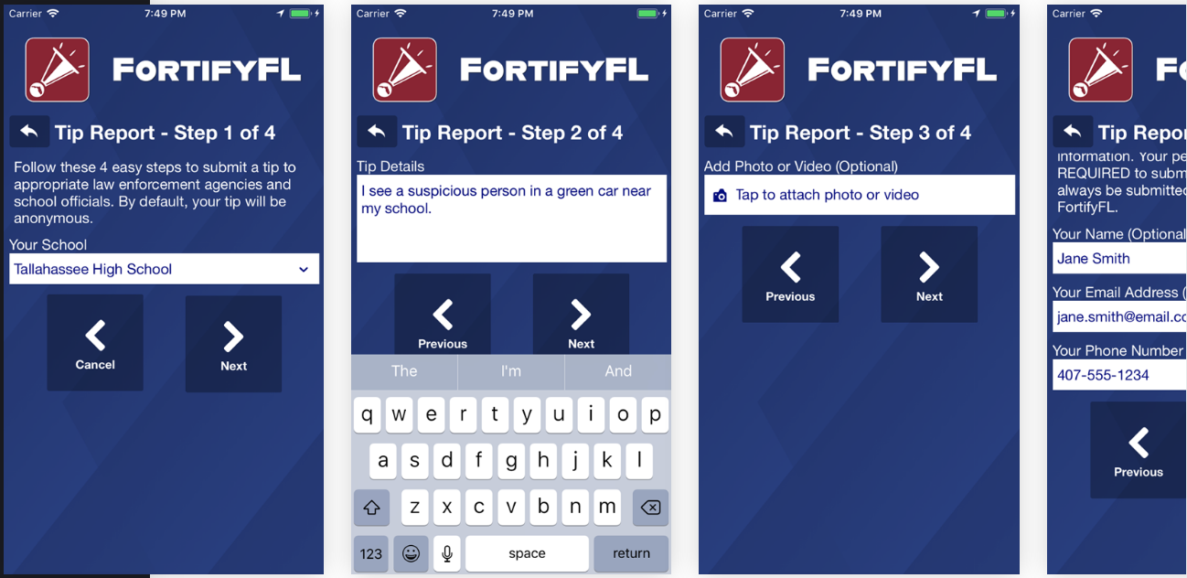 Fortify Florida is a new app that allows for anonymous reporting of suspected school threats. Florida Department of Education Fortify Florida is a new app that allows for anonymous reporting of suspected school threats. Florida Department of Education