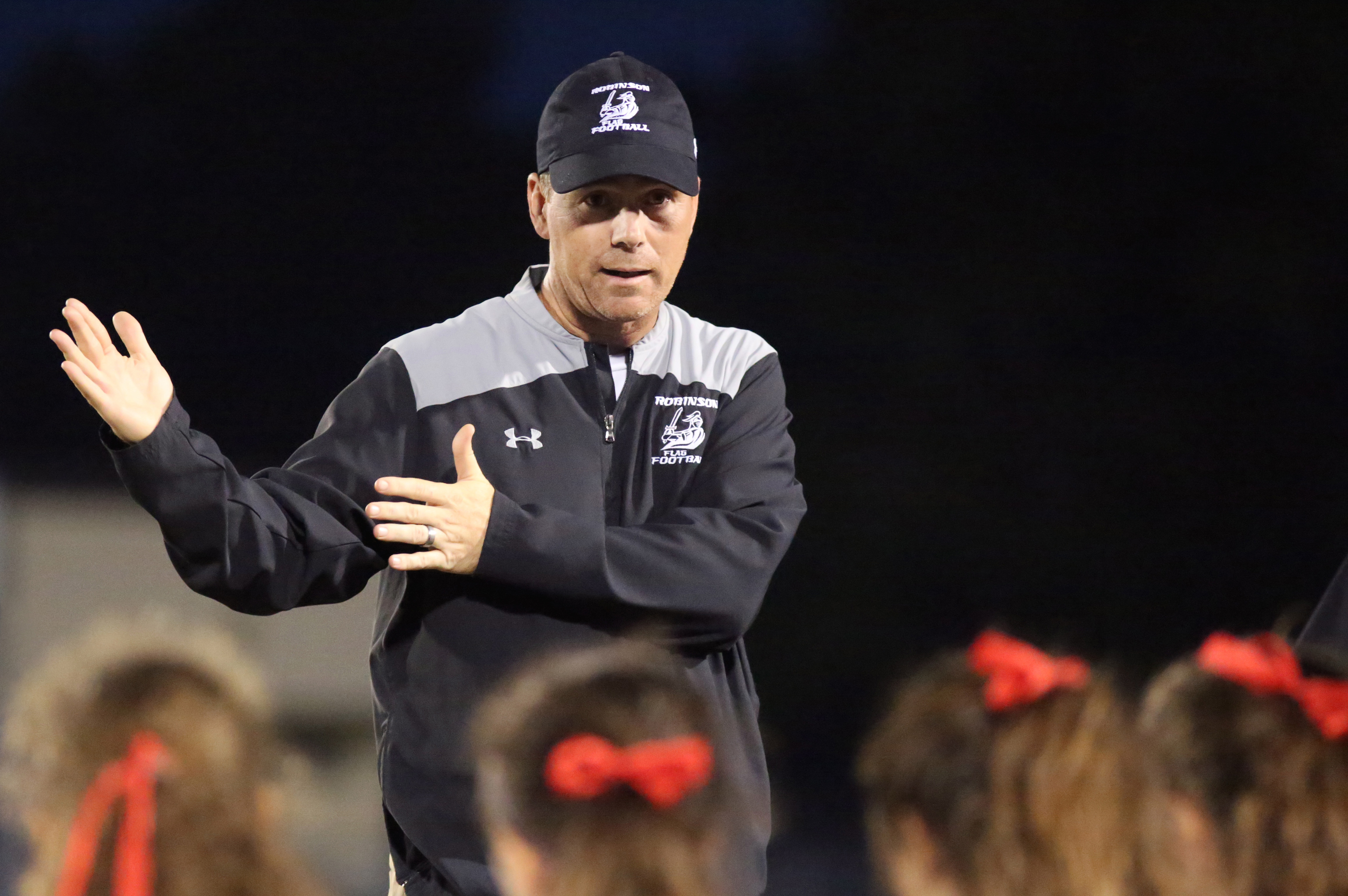 Robinson coach Josh Saunders is hoping to guide the Knights flag football team to a fourth straight state title this season. Robinson is unbeaten and ranked No. 1 overall in the state with district play beginning next week. (SCOTT PURKS | Special to the Times) Robinson coach Josh Saunders is hoping to guide the Knights flag football team to a fourth straight state title this season. Robinson is unbeaten and ranked No. 1 overall in the state with district play beginning next week. (SCOTT PURKS | Special to the Times)