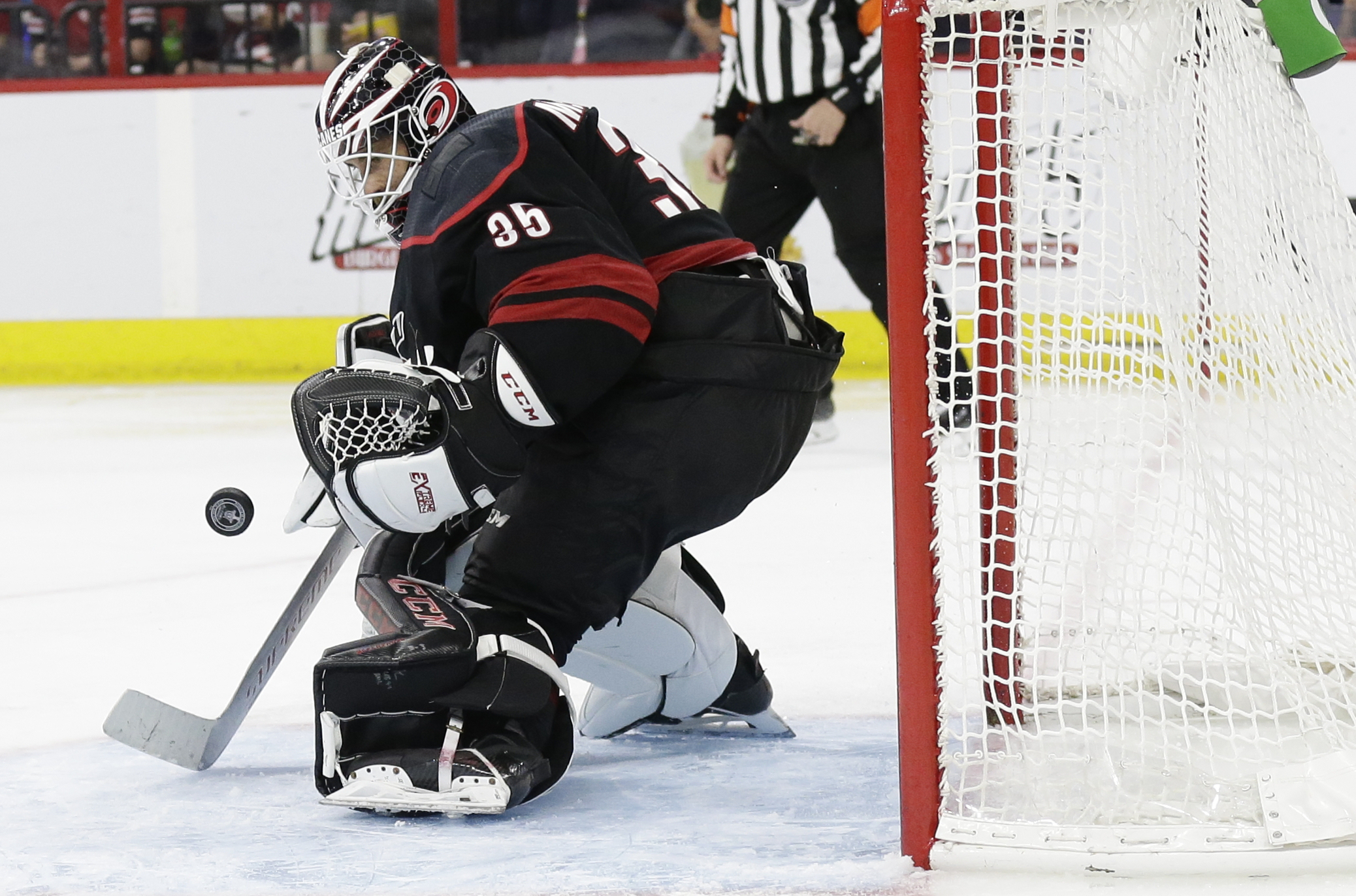 Carolina Hurricanes goalie Curtis McElhinney (35) defends the goal against the New York Islanders during the second period of Game 3 of an NHL hockey second-round playoff series in Raleigh, N.C., Wednesday, May 1, 2019. (AP Photo/Gerry Broome) Carolina Hurricanes goalie Curtis McElhinney (35) defends the goal against the New York Islanders during the second period of Game 3 of an NHL hockey second-round playoff series in Raleigh, N.C., Wednesday, May 1, 2019. (AP Photo/Gerry Broome)