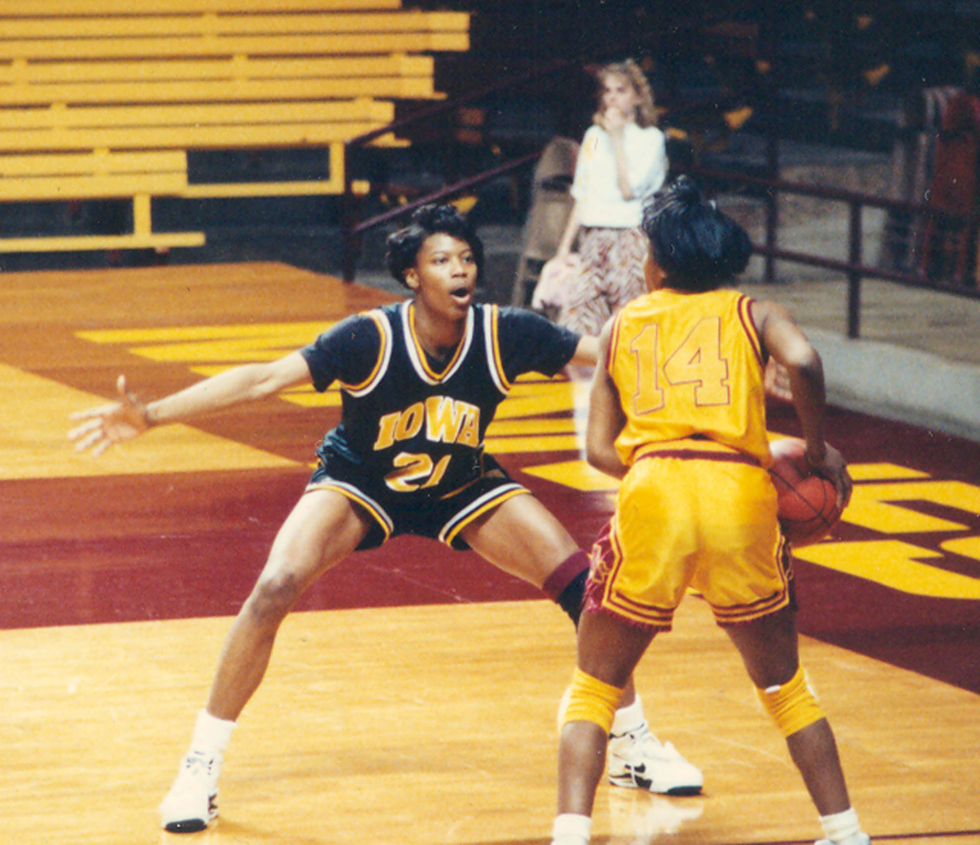 Current Lakewood High coach Necole Tunsil plays defense for Iowa in a 1993 game at Minnesota. (Courtesy of the Tunsil family) Current Lakewood High coach Necole Tunsil plays defense for Iowa in a 1993 game at Minnesota. (Courtesy of the Tunsil family)