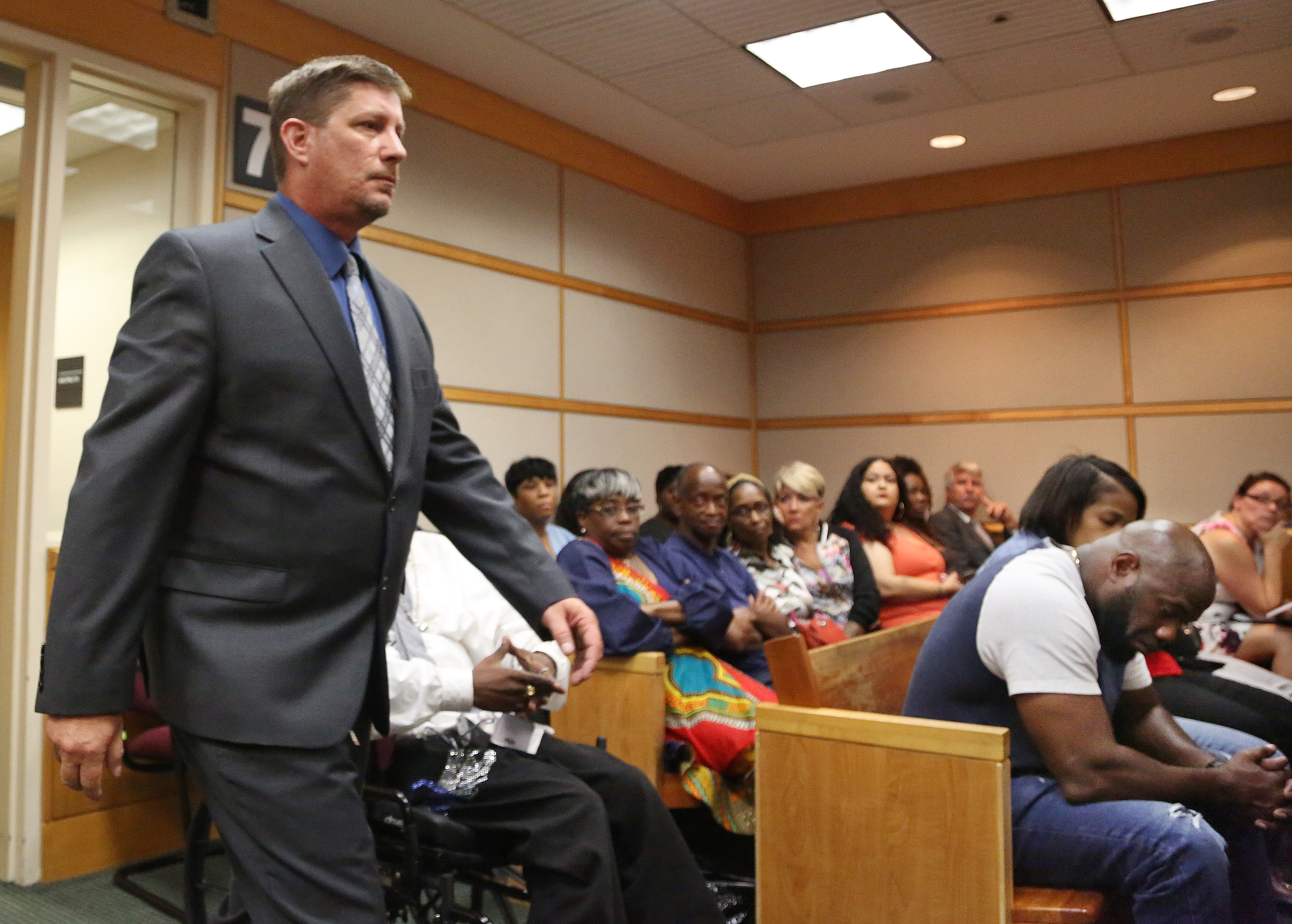 Defendant Michael Drejka left, walks into the courtroom on Friday after the jury submitted a question to the judge in his manslaughter trial. On the far right is Michael McGlockton, father of the late Markeis McGlockton who Drejka shot and killed in July 2018. Drejka was later found guilty of manslaughter. SCOTT KEELER | Times Defendant Michael Drejka left, walks into the courtroom on Friday after the jury submitted a question to the judge in his manslaughter trial. On the far right is Michael McGlockton, father of the late Markeis McGlockton who Drejka shot and killed in July 2018. Drejka was later found guilty of manslaughter. SCOTT KEELER | Times