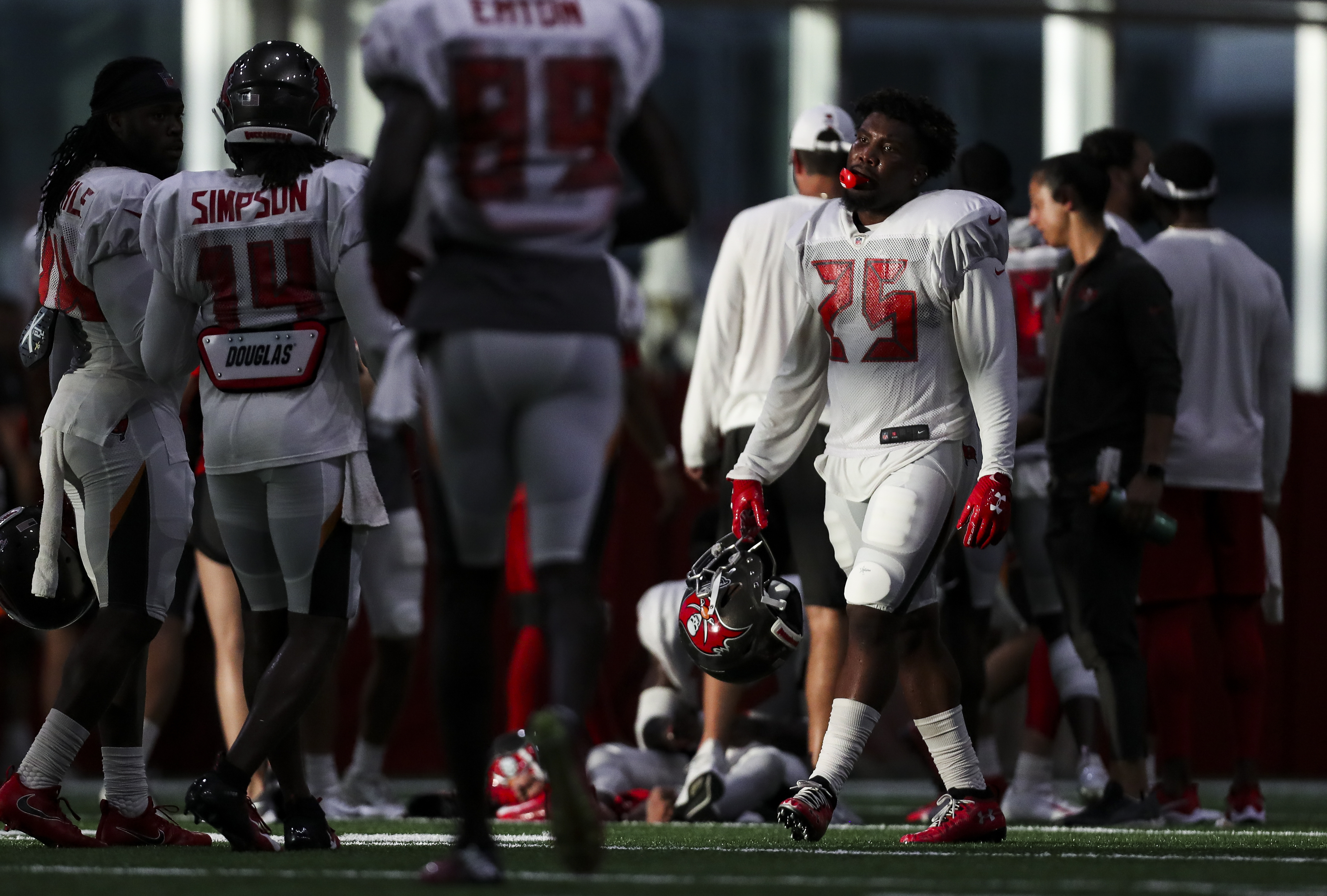 Tampa Bay Buccaneers running back Peyton Barber (25) rests between drills during training camp at the AdventHealth Training Center on August 2, 2019 in Tampa, Florida. MONICA HERNDON | Times Tampa Bay Buccaneers running back Peyton Barber (25) rests between drills during training camp at the AdventHealth Training Center on August 2, 2019 in Tampa, Florida. MONICA HERNDON | Times