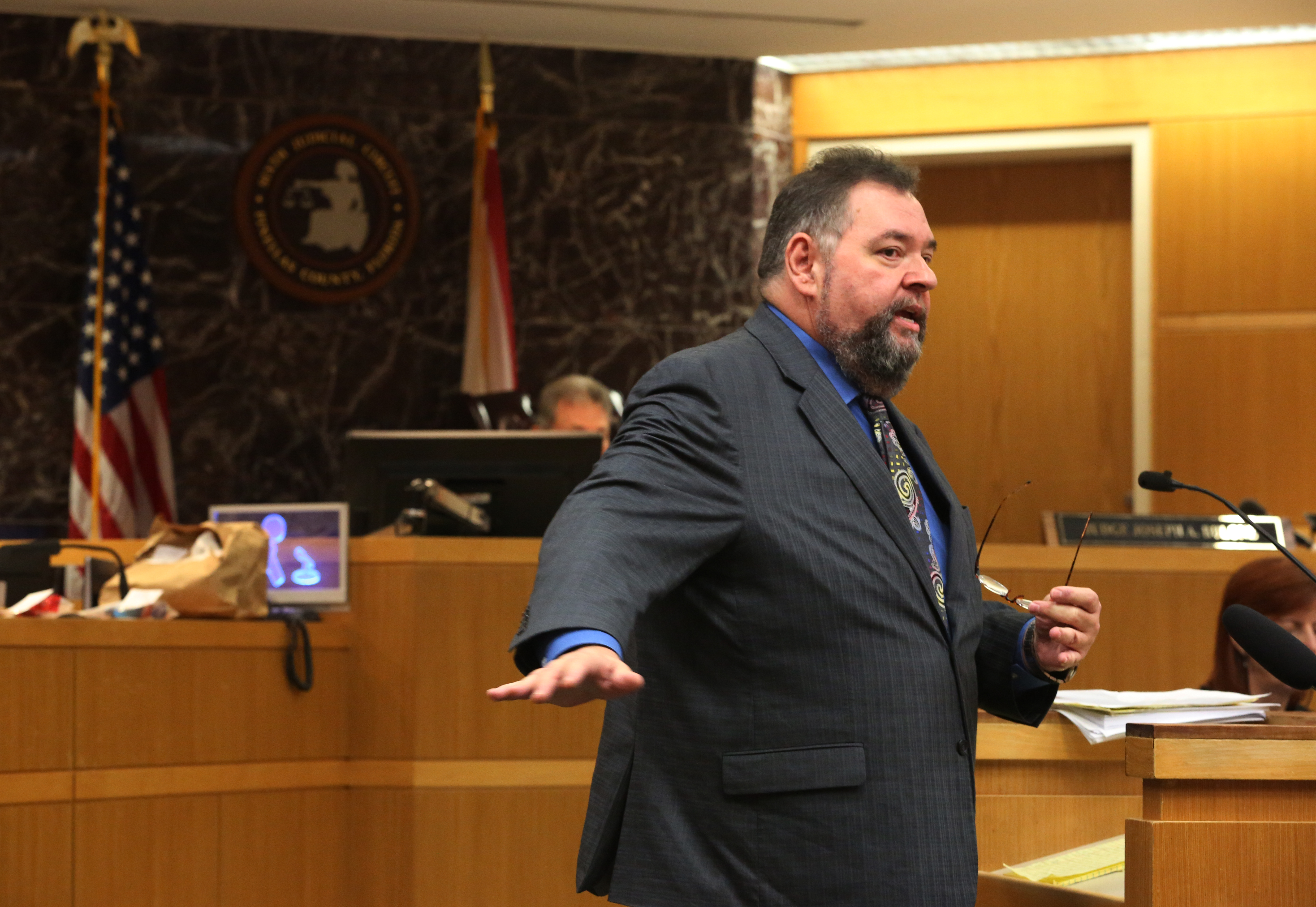Defense attorney John Trevena addresses members of the jury during closing arguments Friday in the manslaughter trial of Michael Drejka. SCOTT KEELER | Times Defense attorney John Trevena addresses members of the jury during closing arguments Friday in the manslaughter trial of Michael Drejka. SCOTT KEELER | Times