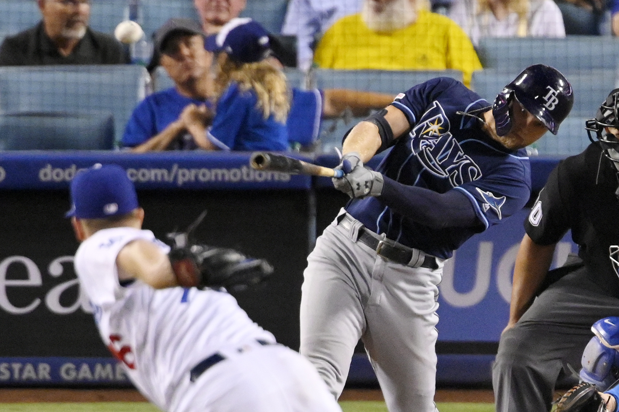 Tampa Bay Rays' Austin Meadows hits a solo home run off Los Angeles Dodgers relief pitcher Josh Sborz, left, during the 11th inning of a baseball game Wednesday, Sept. 18, 2019, in Los Angeles. The Rays won 8-7. (AP Photo/Mark J. Terrill) Mark J. Terrill | AP Tampa Bay Rays' Austin Meadows hits a solo home run off Los Angeles Dodgers relief pitcher Josh Sborz, left, during the 11th inning of a baseball game Wednesday, Sept. 18, 2019, in Los Angeles. The Rays won 8-7. (AP Photo/Mark J. Terrill) Mark J. Terrill | AP