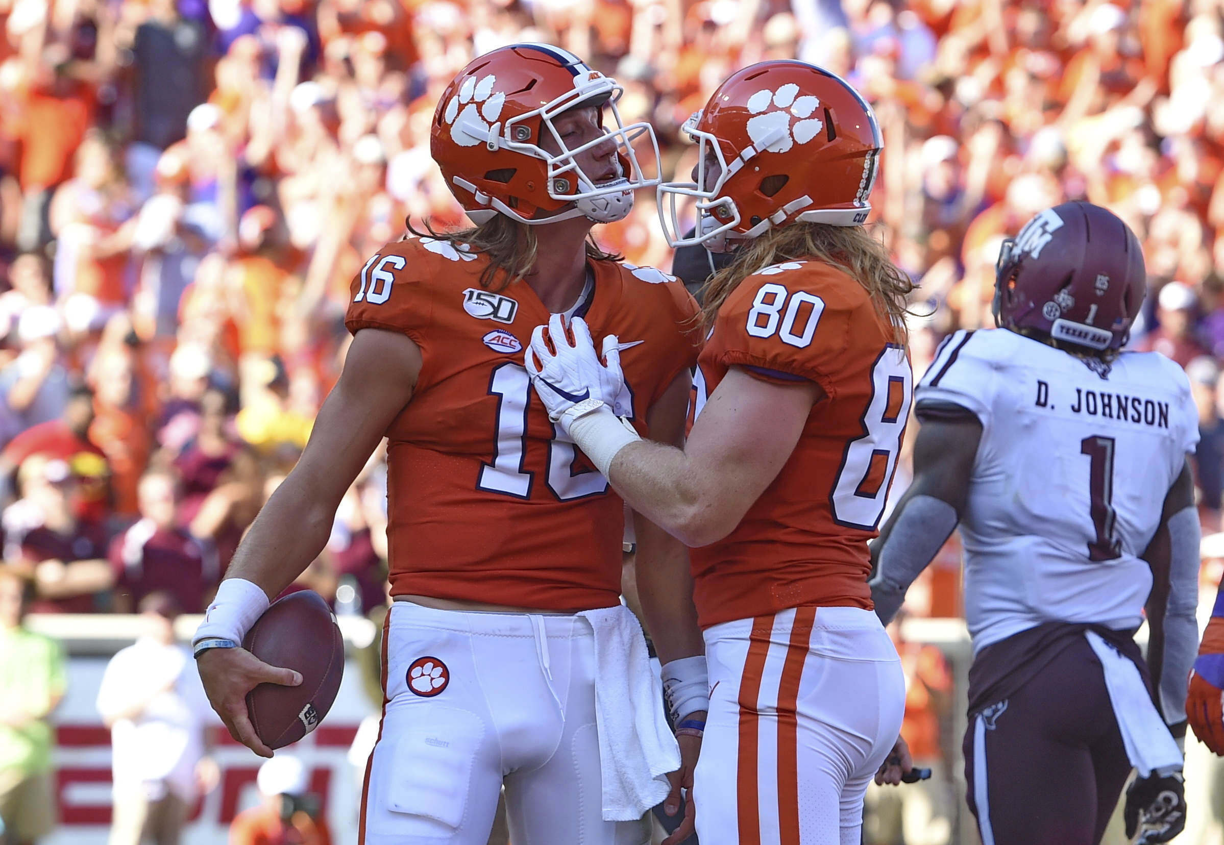 Clemson's Trevor Lawrence (10) and Luke Price celebrate Lawrence's touchdown during the first half of the Tigers' recent home win against Texas A&M. Clemson has remained the ACC's lone steady power in the last half-decade. Richard Shiro | AP Clemson's Trevor Lawrence (10) and Luke Price celebrate Lawrence's touchdown during the first half of the Tigers' recent home win against Texas A&M. Clemson has remained the ACC's lone steady power in the last half-decade. Richard Shiro | AP
