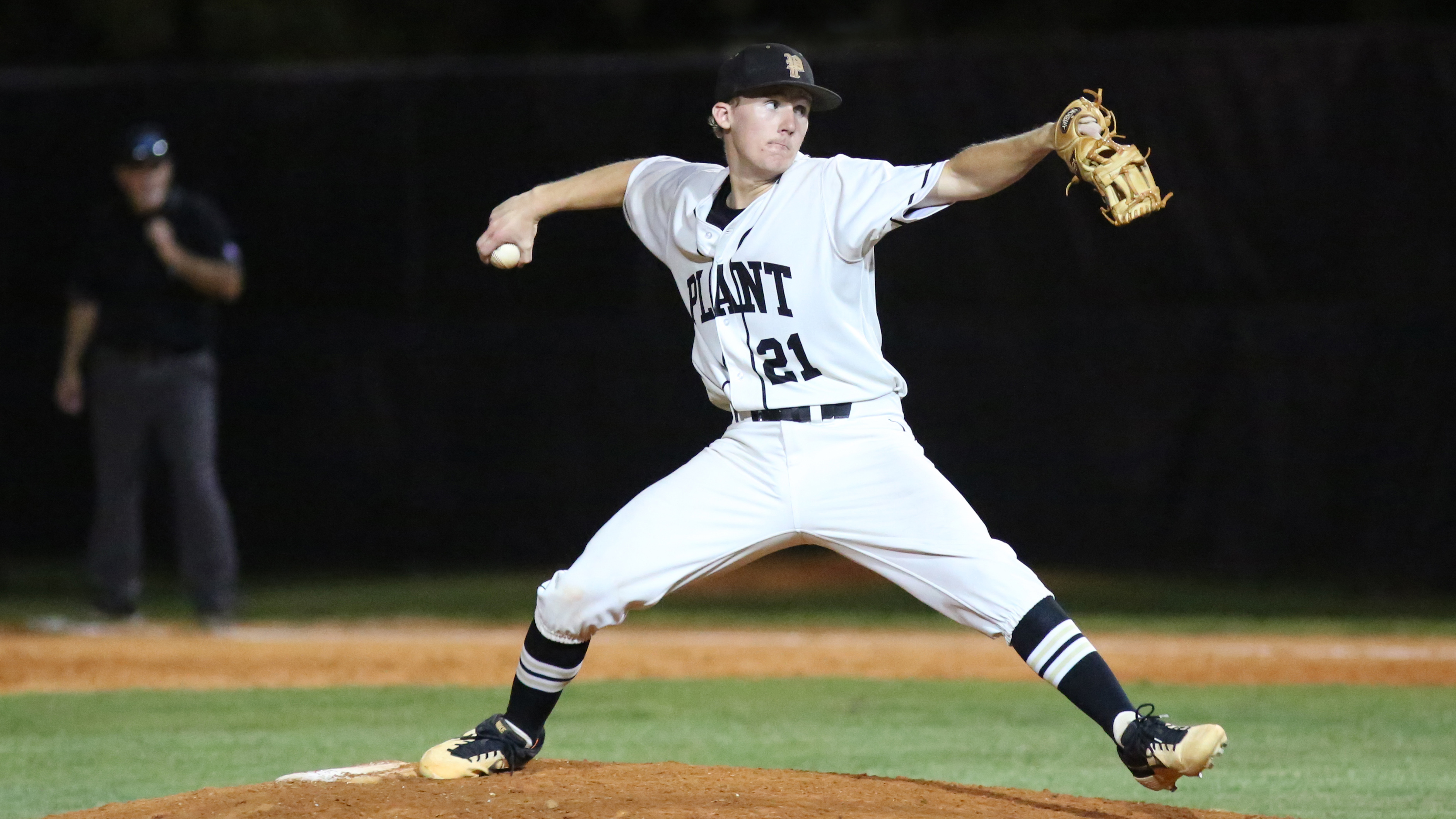 Plant senior Mathew Coker fires a pitch during a complete-game 2-1 victory over Bloomingdale. (SCOTT PURKS | Special to the Times) Plant senior Mathew Coker fires a pitch during a complete-game 2-1 victory over Bloomingdale. (SCOTT PURKS | Special to the Times)