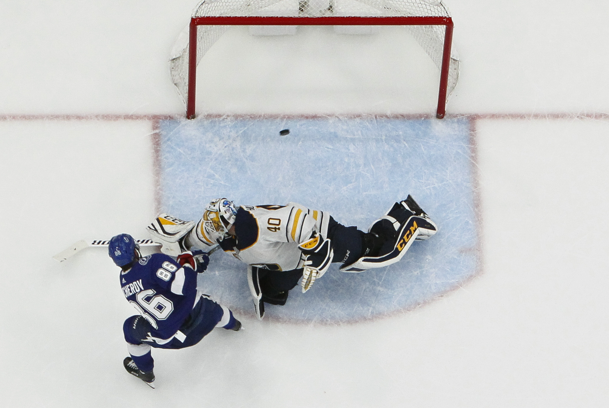 Lightning right wing Nikita Kucherov (86) beats Buffalo Sabres goaltender Carter Hutton (40) to score the final goal in the shootout as Tampa Bay wins with a final score of 2 -1. Lightning right wing Nikita Kucherov (86) beats Buffalo Sabres goaltender Carter Hutton (40) to score the final goal in the shootout as Tampa Bay wins with a final score of 2 -1.