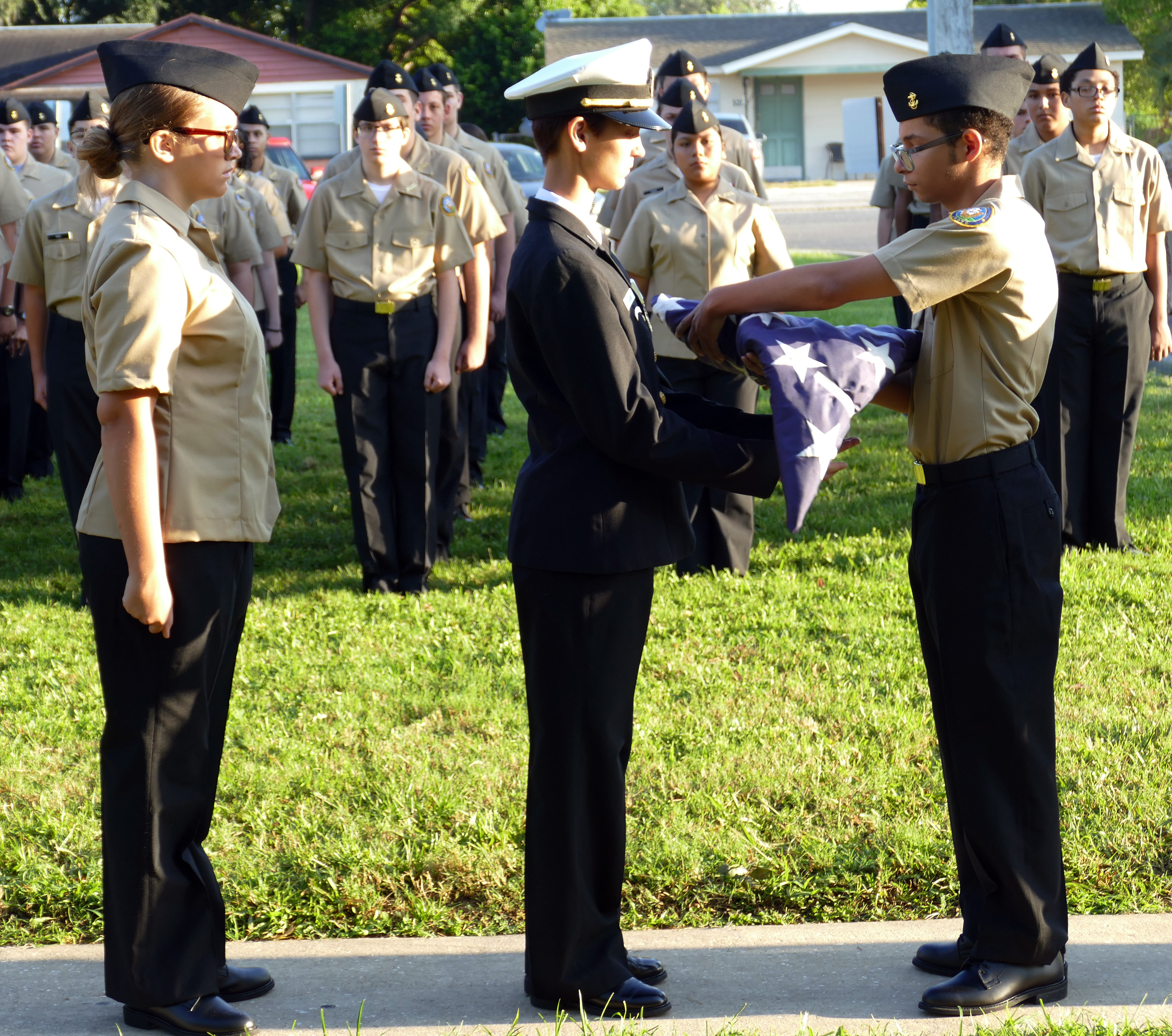 Gulf High NAVY JROTC Cadets Ember Winans, Sara Bolick and Elias Montalvo participate in a Flag Passing Ceremony during a special commemoration held Wednesday, on the 18th anniversary of the Sept. 11 terrorist attacks. Michele Miller Gulf High NAVY JROTC Cadets Ember Winans, Sara Bolick and Elias Montalvo participate in a Flag Passing Ceremony during a special commemoration held Wednesday, on the 18th anniversary of the Sept. 11 terrorist attacks. Michele Miller
