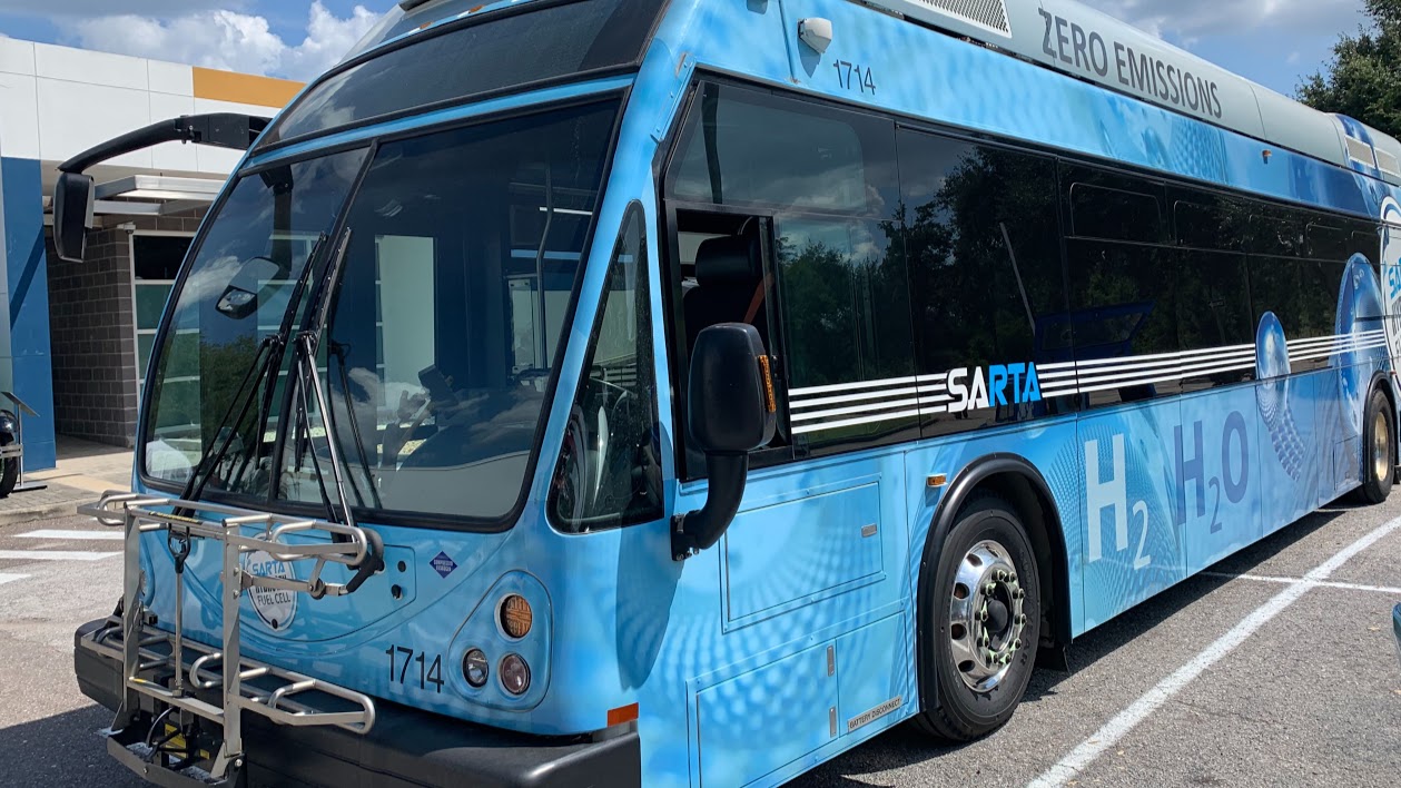 This bus from the Stark Area Regional Transit Authority in Canton, Ohio was featured during the Tampa Bay Zero-Emissions Public Transit Road Show, a demonstration of hydrogen fuel cell vehicles Tuesday in Pinellas Park. The vehicles, which are in operation in several U.S. cities, emit only clean water and heat from their tailpipes. CAITLIN JOHNSTON This bus from the Stark Area Regional Transit Authority in Canton, Ohio was featured during the Tampa Bay Zero-Emissions Public Transit Road Show, a demonstration of hydrogen fuel cell vehicles Tuesday in Pinellas Park. The vehicles, which are in operation in several U.S. cities, emit only clean water and heat from their tailpipes. CAITLIN JOHNSTON
