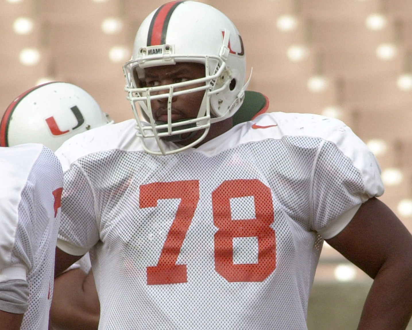 Miami center Bryant McKinnie (78) chats with teammates during practice for the Rose Bowl against Nebraska in Los Angeles on Dec. 31, 2001. (Associated Press/Nick Ut) Miami center Bryant McKinnie (78) chats with teammates during practice for the Rose Bowl against Nebraska in Los Angeles on Dec. 31, 2001. (Associated Press/Nick Ut)