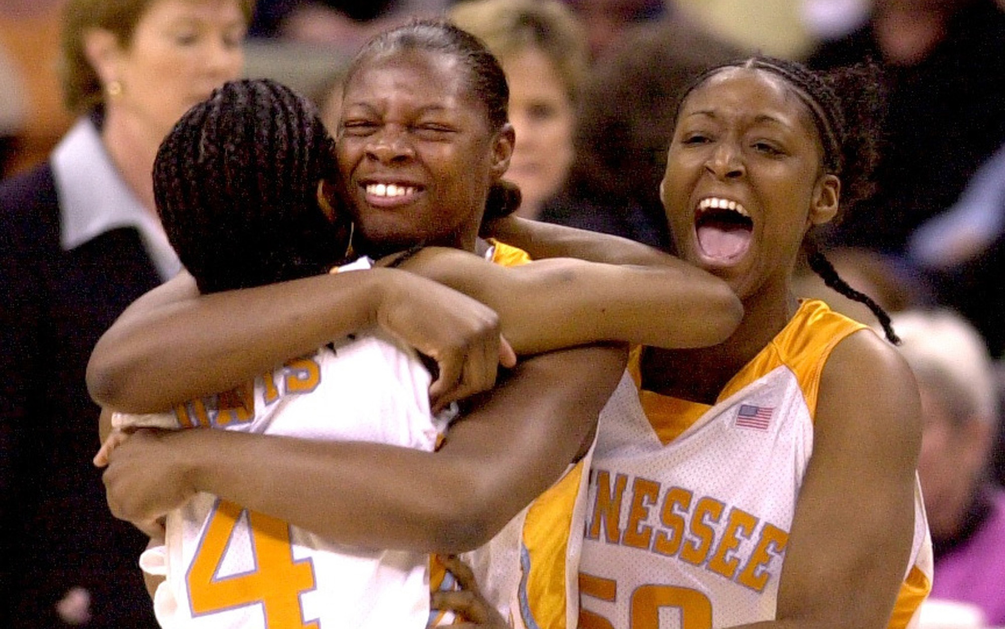 Tennessee's LaToya Davis hugs Dominique Redding while Tye'sha Fluker, right, screams as their team beats LSU in the NCAA national semifinals in 2004. (John Doman | St. Paul Pioneer Press) Tennessee's LaToya Davis hugs Dominique Redding while Tye'sha Fluker, right, screams as their team beats LSU in the NCAA national semifinals in 2004. (John Doman | St. Paul Pioneer Press)
