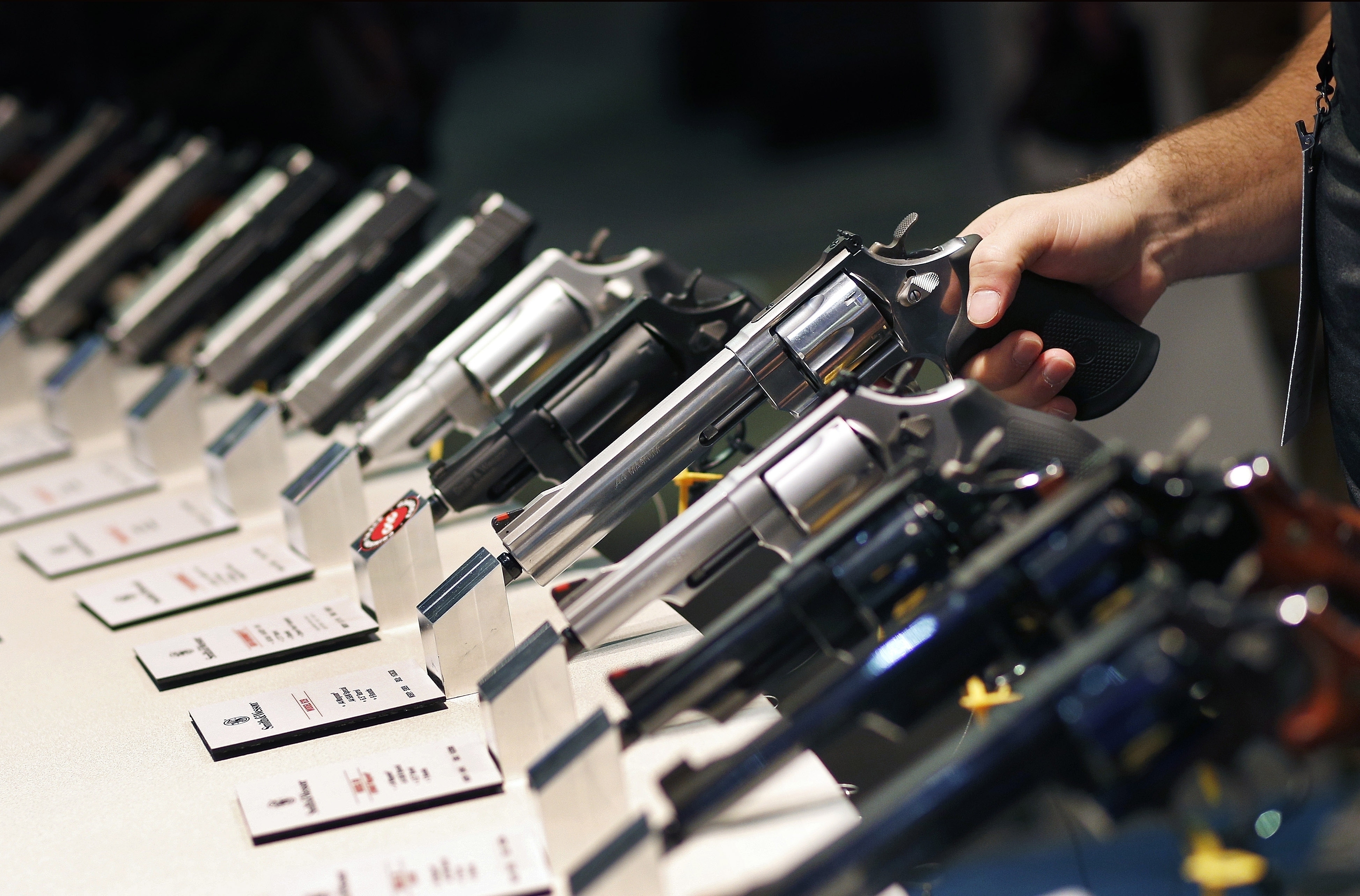 Handguns are displayed at the Smith & Wesson booth at the Shooting, Hunting and Outdoor Trade Show in Las Vegas in this 2016 photo. John Locher | AP Handguns are displayed at the Smith & Wesson booth at the Shooting, Hunting and Outdoor Trade Show in Las Vegas in this 2016 photo. John Locher | AP