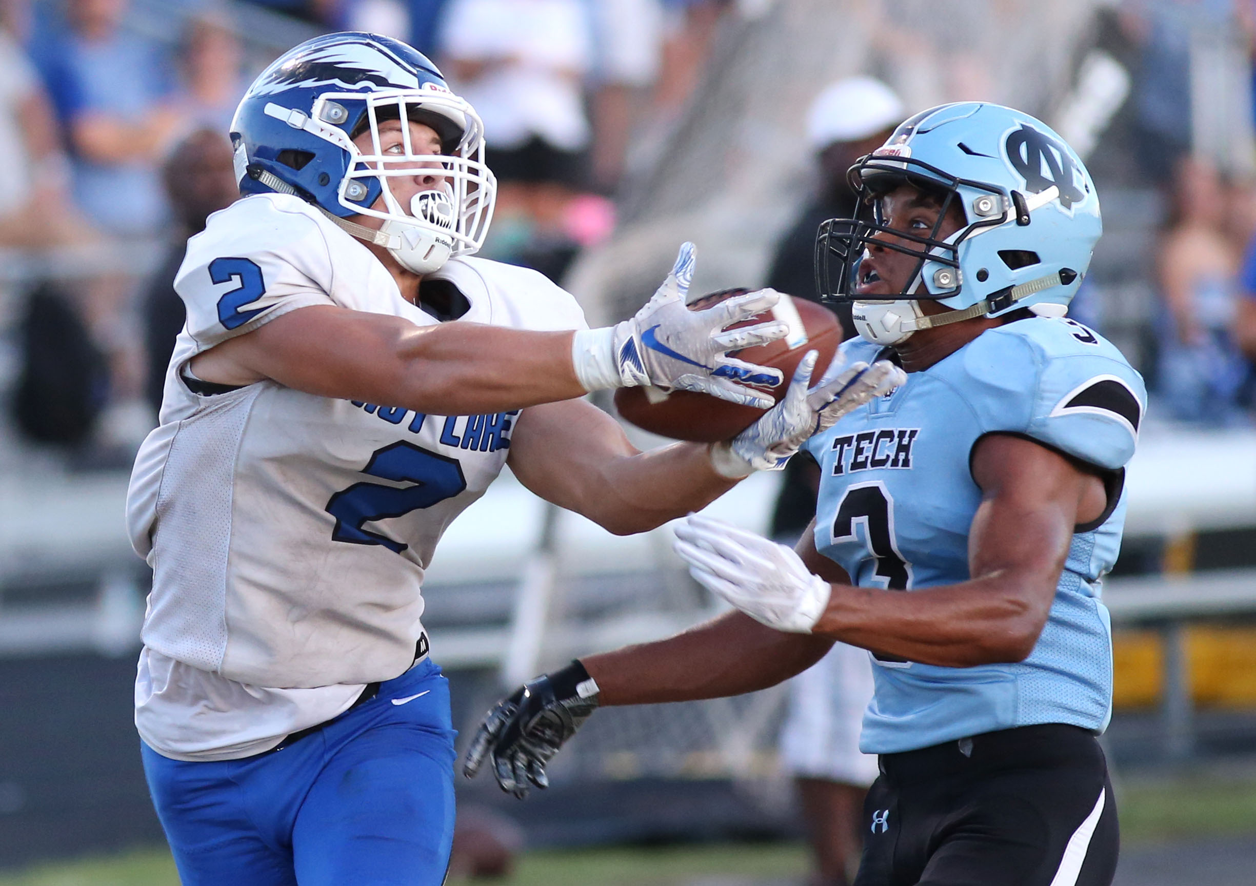 East Lake receiver Hunter Swetokos hauls in a 29-yard touchdown pass to put the Eagles up 7-0 over Nature. SCOTT PURKS | Special to the Times East Lake receiver Hunter Swetokos hauls in a 29-yard touchdown pass to put the Eagles up 7-0 over Nature. SCOTT PURKS | Special to the Times
