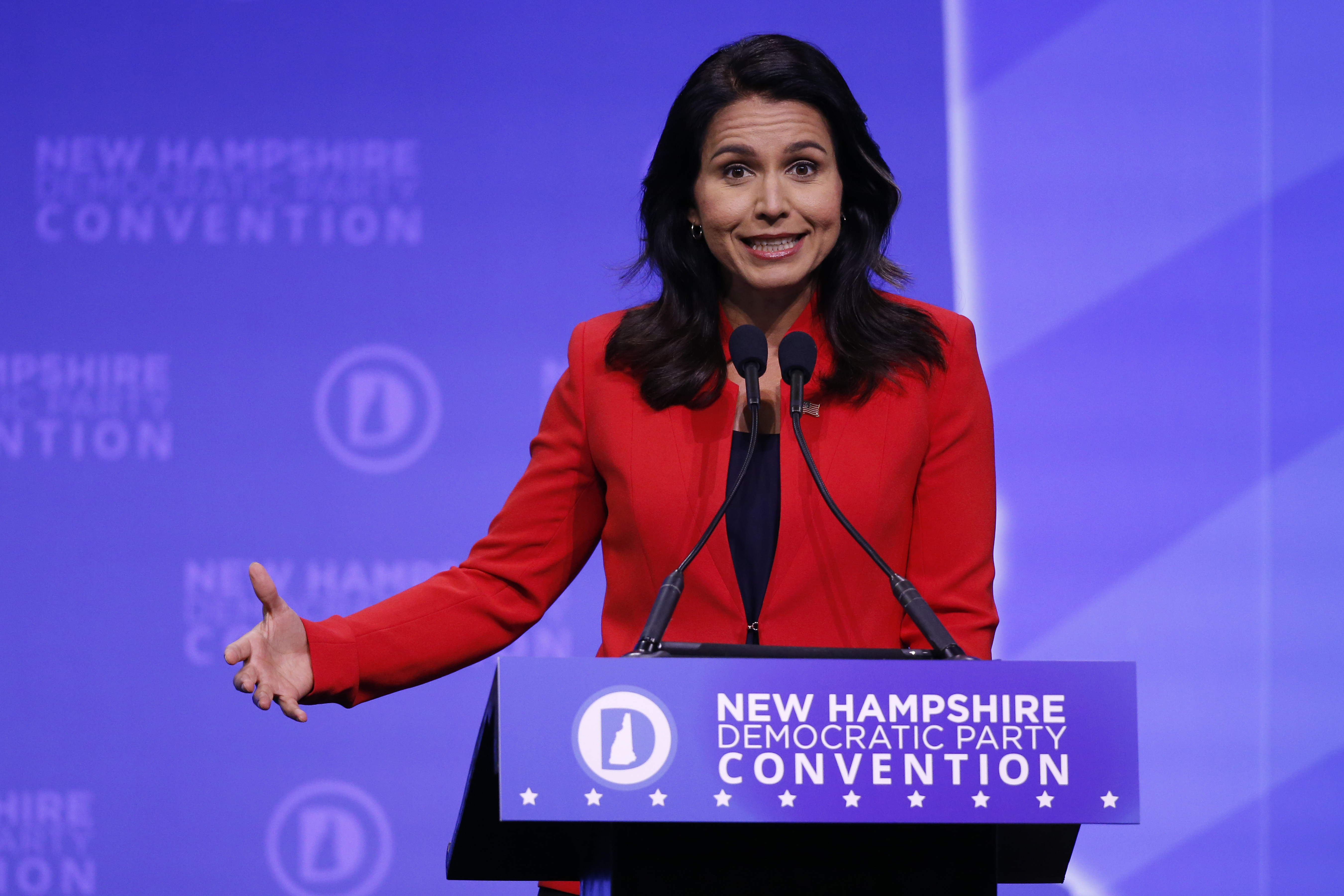 Democratic presidential candidate U.S. Rep. Tulsi Gabbard, D-Hawaii, speaks during the New Hampshire state Democratic Party convention, Saturday, Sept. 7, 2019, in Manchester, NH. (AP Photo/Robert F. Bukaty) Robert F. Bukaty | AP Democratic presidential candidate U.S. Rep. Tulsi Gabbard, D-Hawaii, speaks during the New Hampshire state Democratic Party convention, Saturday, Sept. 7, 2019, in Manchester, NH. (AP Photo/Robert F. Bukaty) Robert F. Bukaty | AP