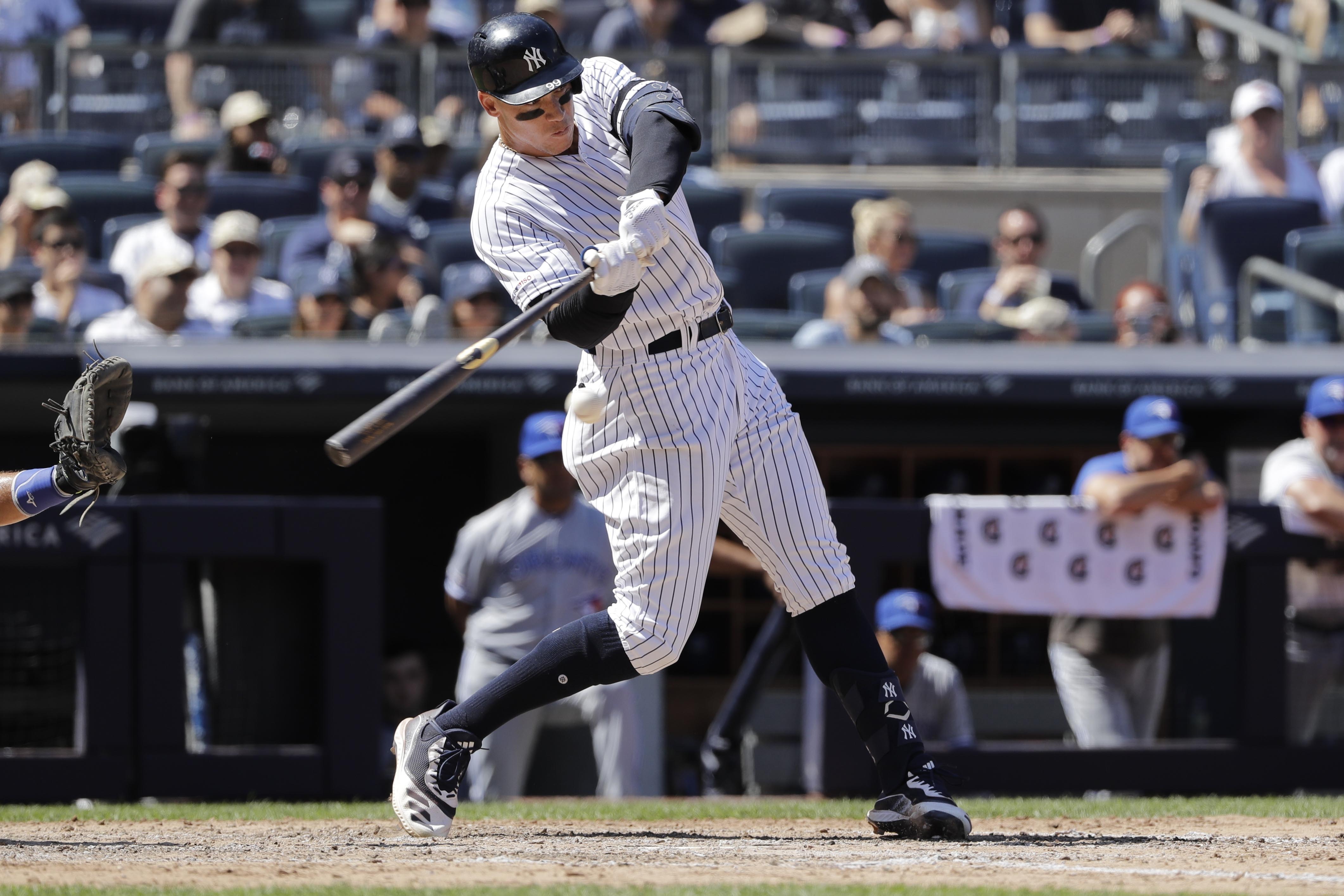 New York Yankees' Aaron Judge during the seventh inning of a baseball game against the Toronto Blue Jays Saturday, July 13, 2019, in New York. The Blue Jays won 2-1. (AP Photo/Frank Franklin II) New York Yankees' Aaron Judge during the seventh inning of a baseball game against the Toronto Blue Jays Saturday, July 13, 2019, in New York. The Blue Jays won 2-1. (AP Photo/Frank Franklin II)