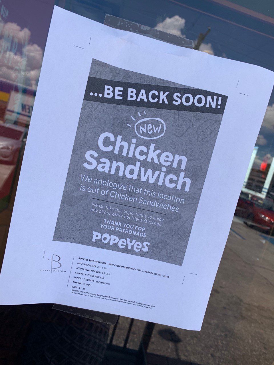 A sign on the door at a Popeyes in Tampa, at 2201 E Hillsborough Ave. Helen Freund | Tampa Bay Times A sign on the door at a Popeyes in Tampa, at 2201 E Hillsborough Ave. Helen Freund | Tampa Bay Times