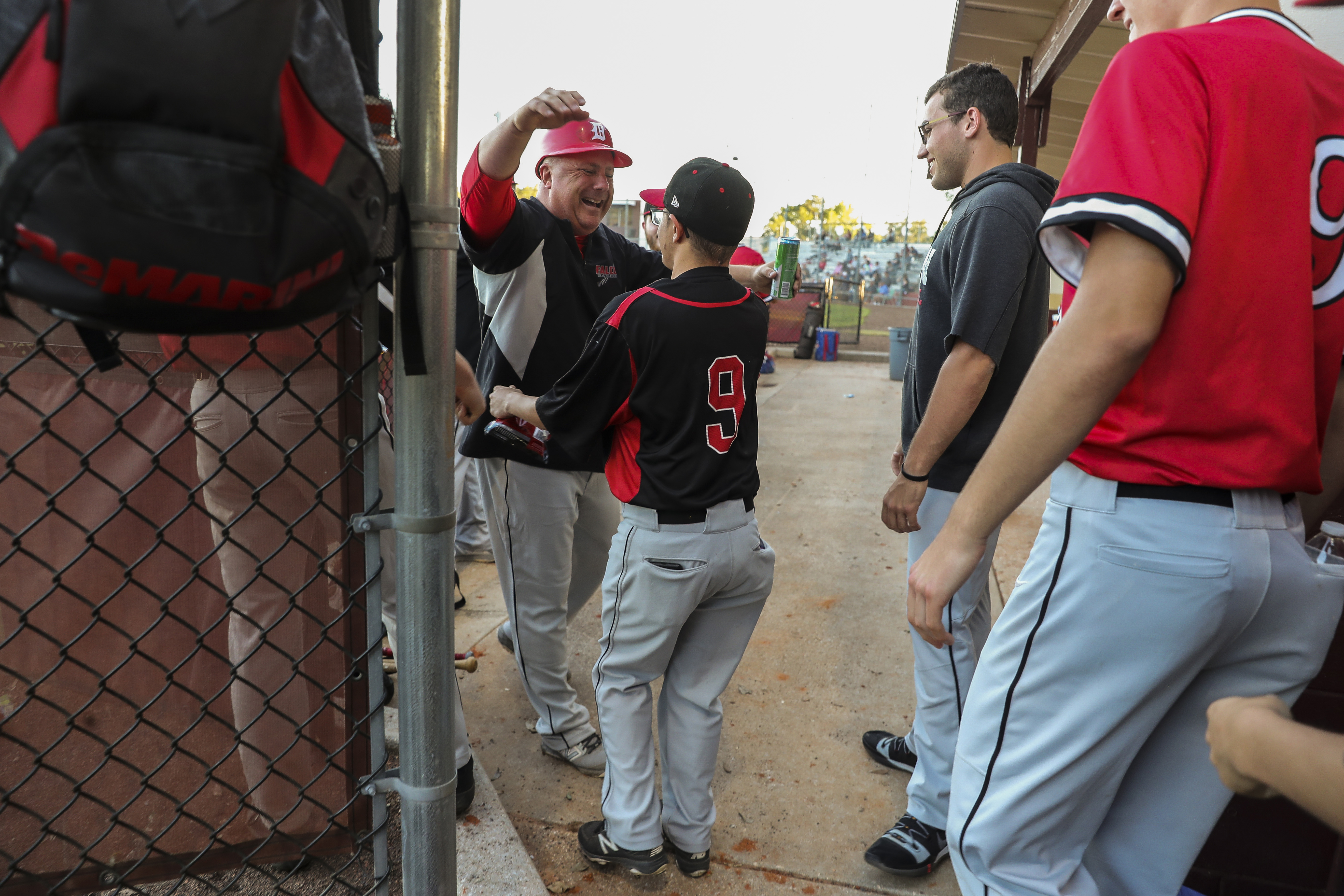 Dunedin manager Ron Sexton greets Tyler Nolan during a game at Countryside. Dunedin manager Ron Sexton greets Tyler Nolan during a game at Countryside.