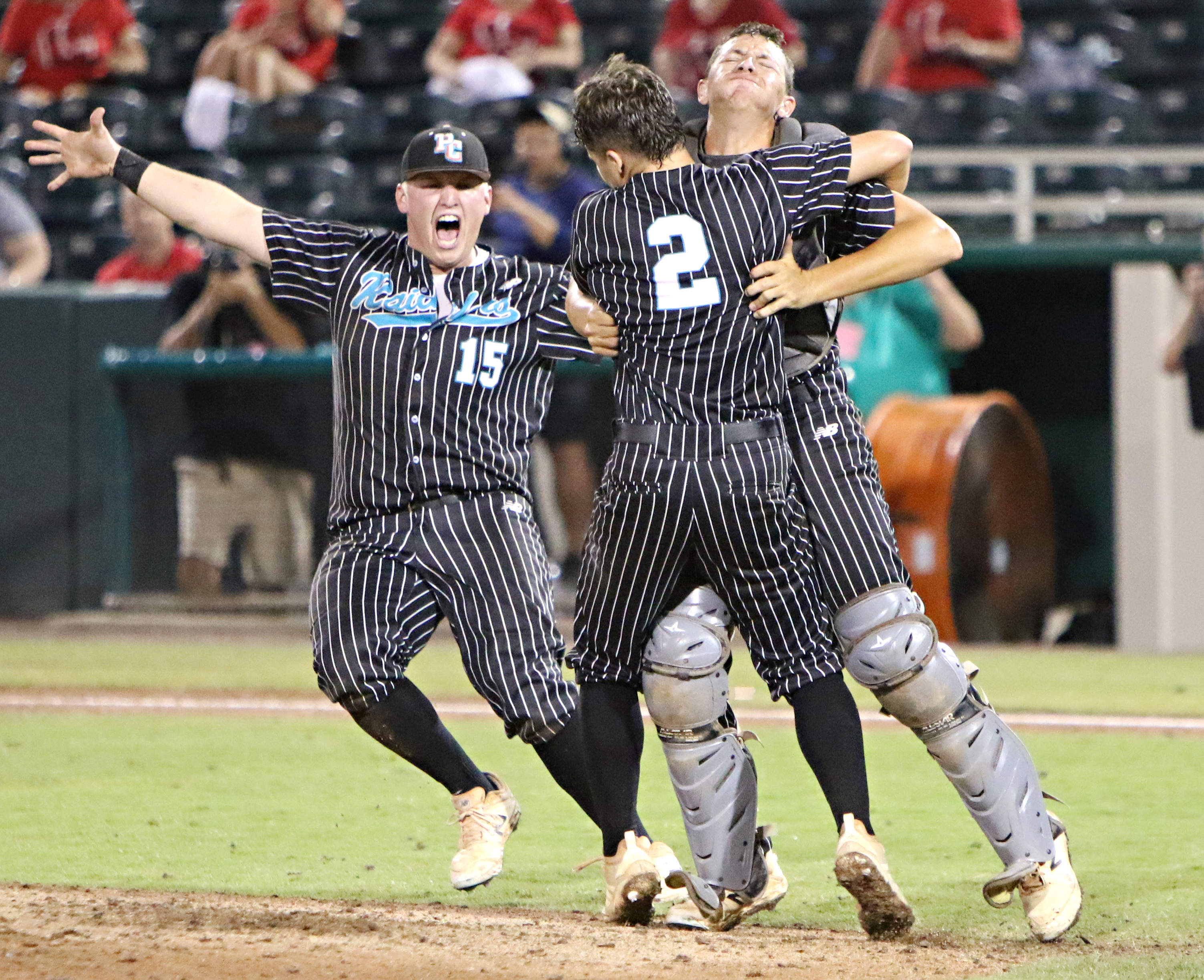 Plant City first baseman Parker Messick, left, pitcher Jarod Wingo, center and catcher Hunter Emerine begin to celebrate moments after Emerine throws out the last Strawberry Crest runner. (SCOTT PURKS | Special to the Times) Plant City first baseman Parker Messick, left, pitcher Jarod Wingo, center and catcher Hunter Emerine begin to celebrate moments after Emerine throws out the last Strawberry Crest runner. (SCOTT PURKS | Special to the Times)