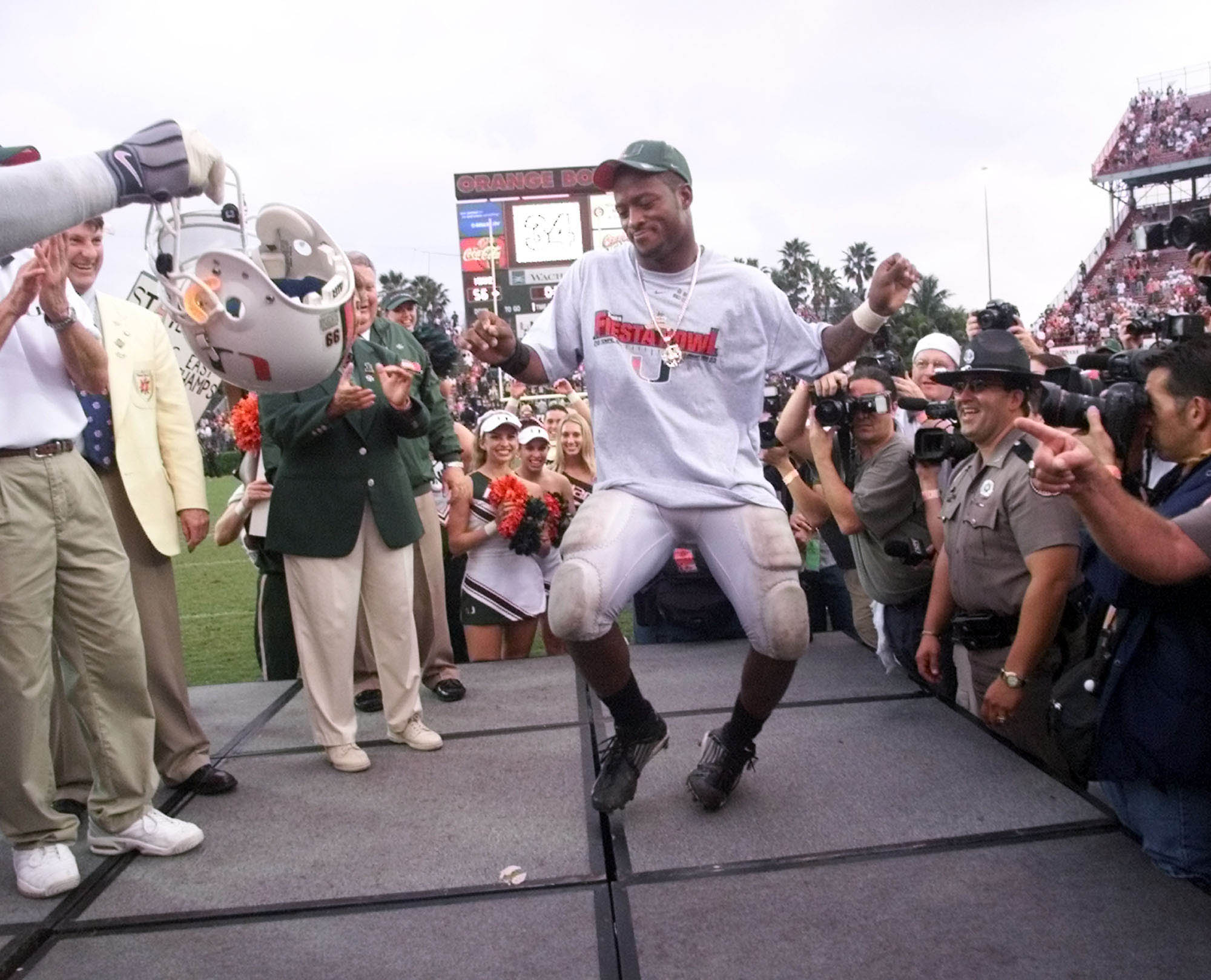 Miami running back Willis McGahee, center, dances after Miami beat Virginia Tech 56-45 Saturday, Dec. 7, 2002 at the Orange Bowl in Miami. (AP Photo/Wilfredo Lee) Miami running back Willis McGahee, center, dances after Miami beat Virginia Tech 56-45 Saturday, Dec. 7, 2002 at the Orange Bowl in Miami. (AP Photo/Wilfredo Lee)